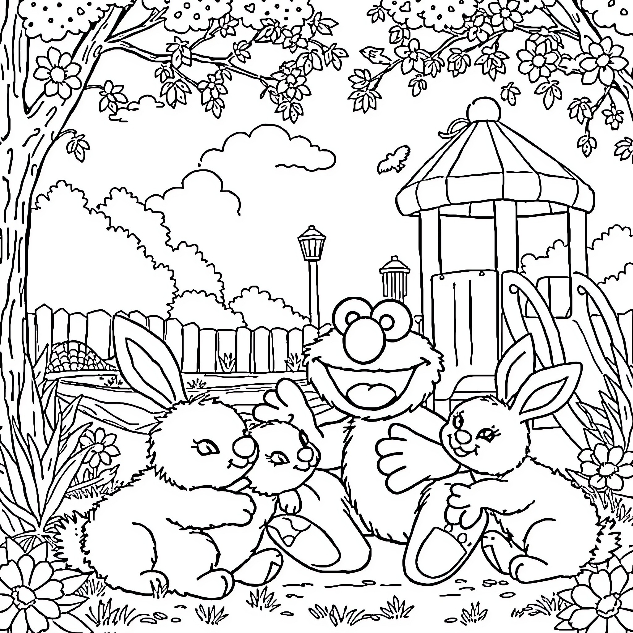 Elmo and friends enjoying a peaceful garden scene Coloring Page (free black-and-white line drawing printable PDF for all, from beginners to advanced learners, including children, teens, adults, and seniors)