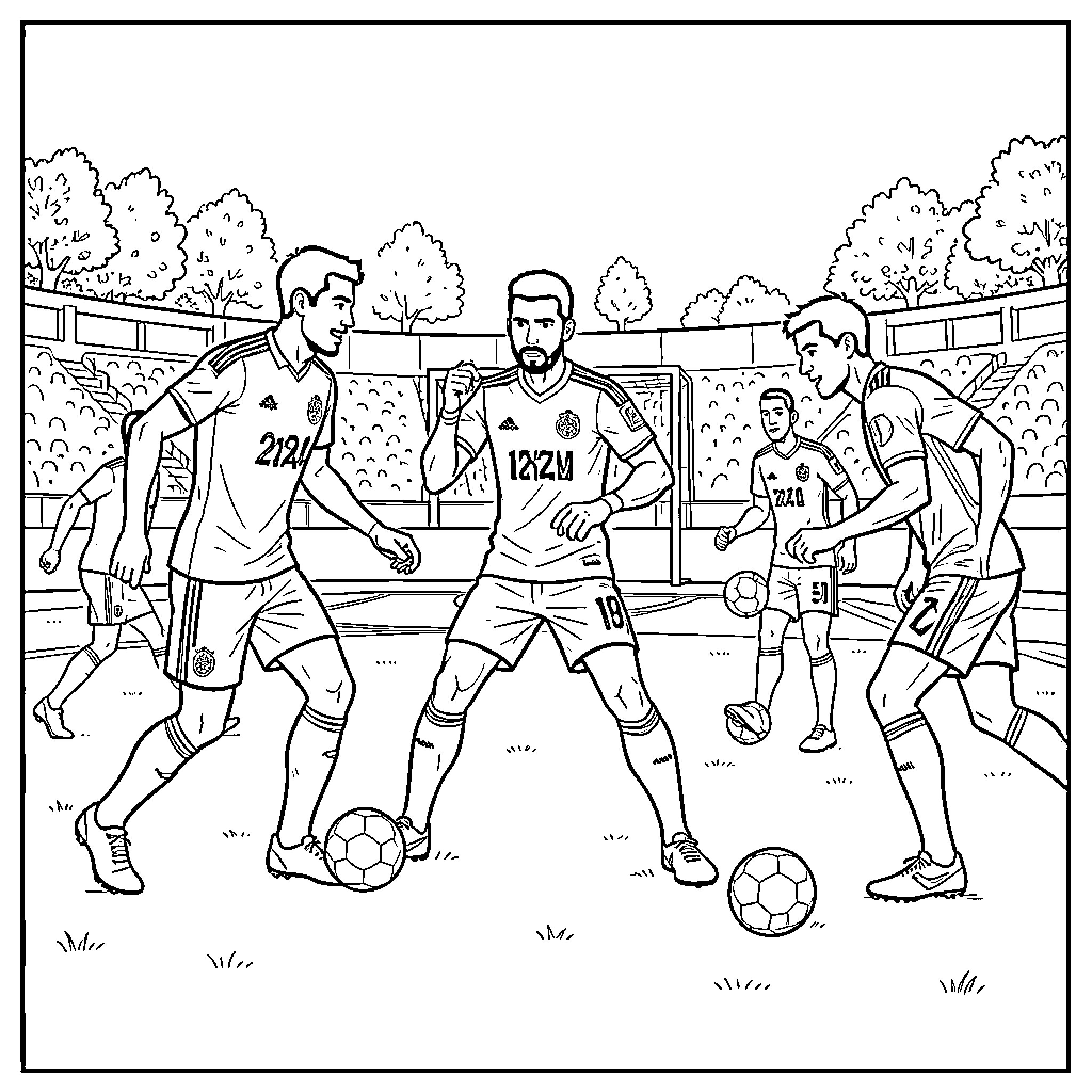 Football Player competing intensely during a match Coloring Page (free black-and-white line drawing printable PDF for all, from beginners to advanced learners, including children, teens, adults, and seniors)