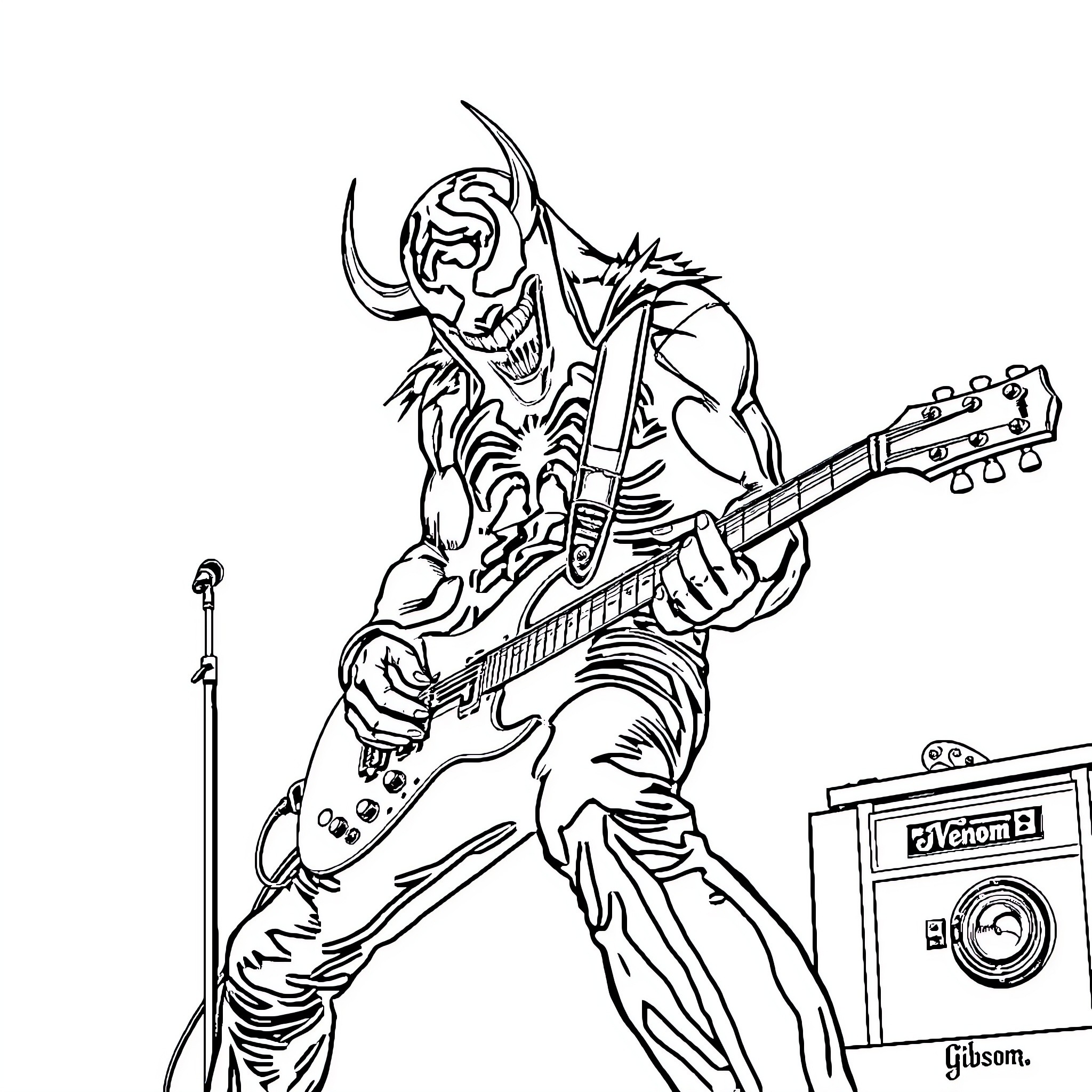 Venom Rocks Out Fiercely on the Guitar Coloring Page (free black-and-white line drawing printable PDF for all, from beginners to advanced learners, including children, teens, adults, and seniors)