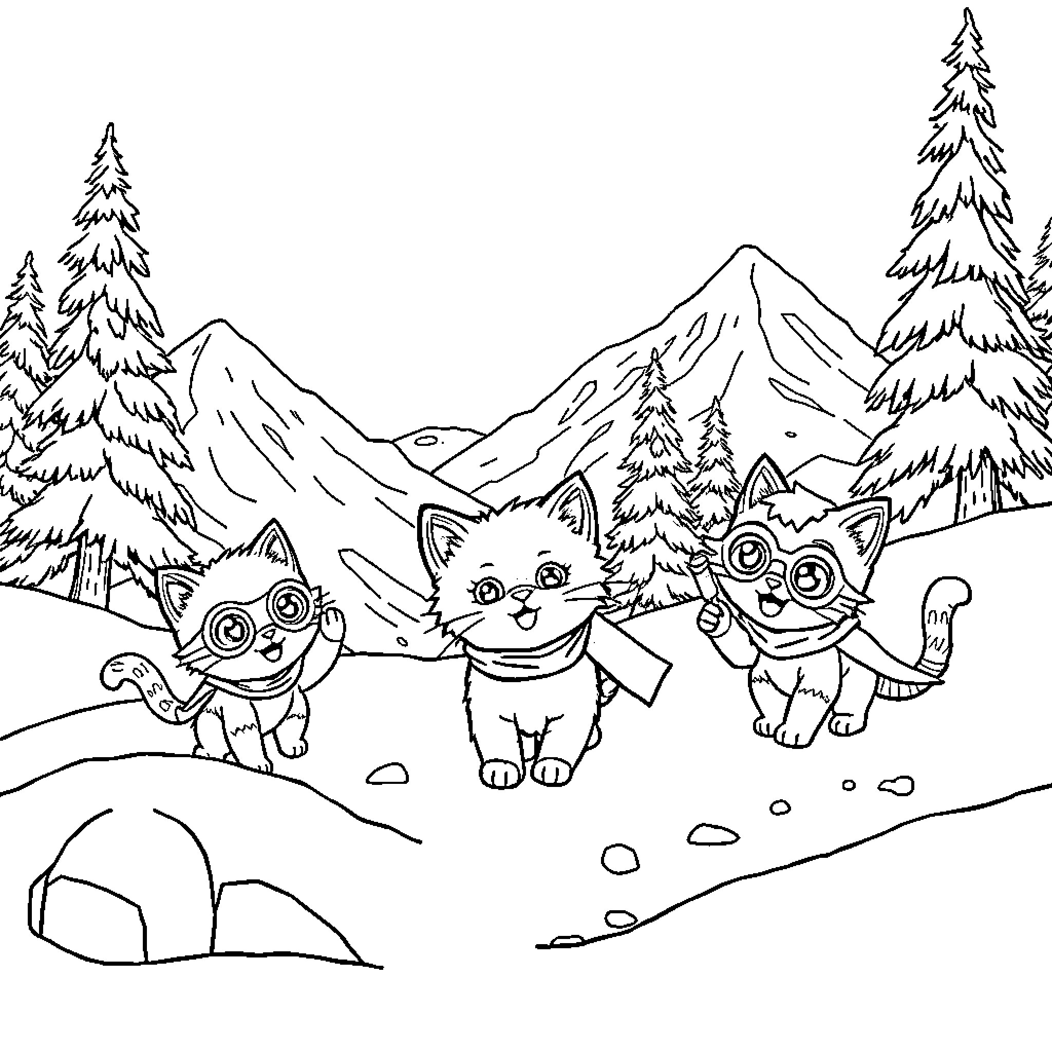 Superkitties playing in the snowy mountains Coloring Page (free black-and-white line drawing printable PDF for all, from beginners to advanced learners, including children, teens, adults, and seniors)