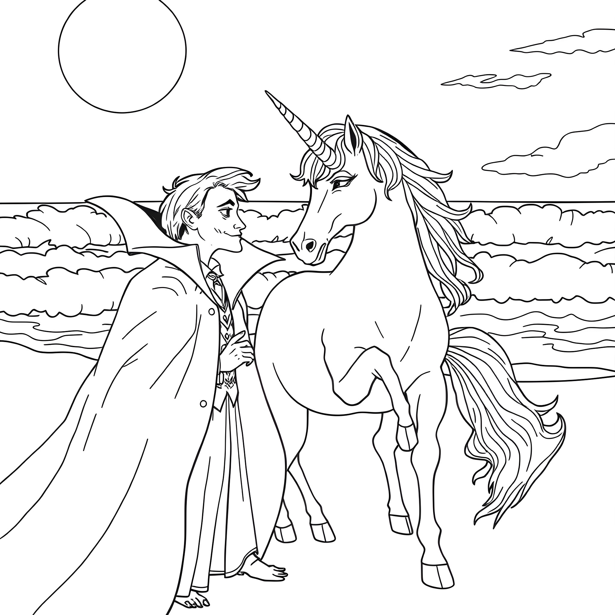 Unicorn and the Traveler in a Magical Landscape Coloring Page (free black-and-white line drawing printable PDF for all, from beginners to advanced learners, including children, teens, adults, and seniors)