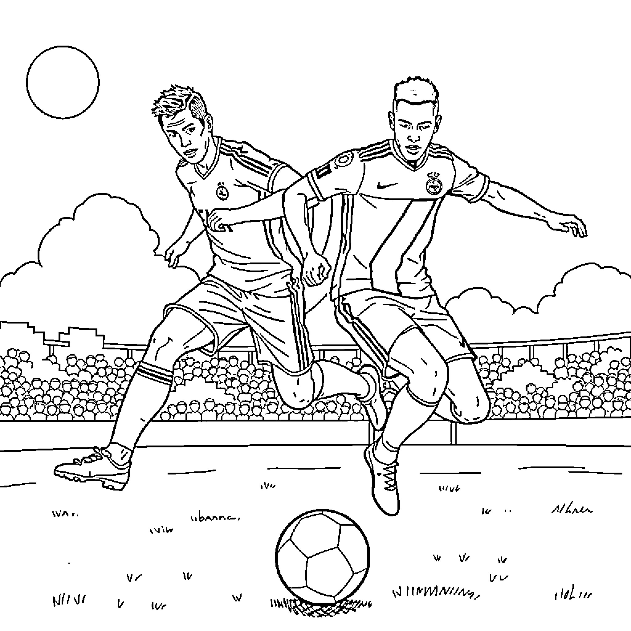 Football players in action on the field Coloring Page (free black-and-white line drawing printable PDF for all, from beginners to advanced learners, including children, teens, adults, and seniors)