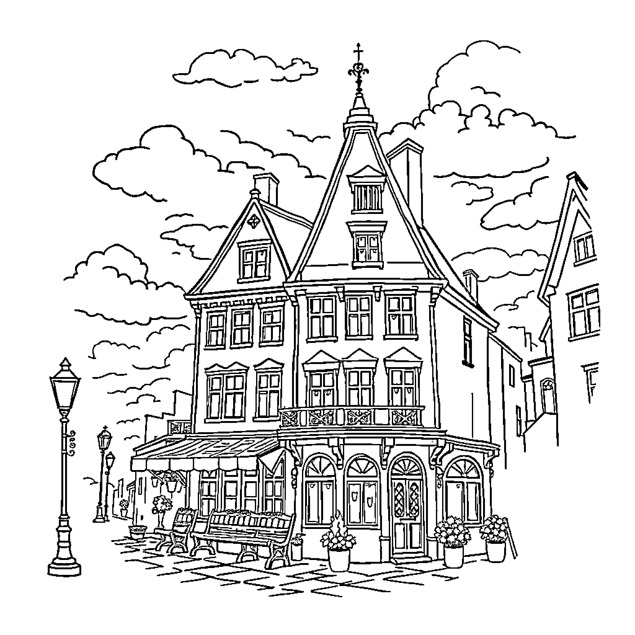 T-Shirt Depicting Charming Old Town Street Scene Coloring Page (free black-and-white line drawing printable PDF for all, from beginners to advanced learners, including children, teens, adults, and seniors)