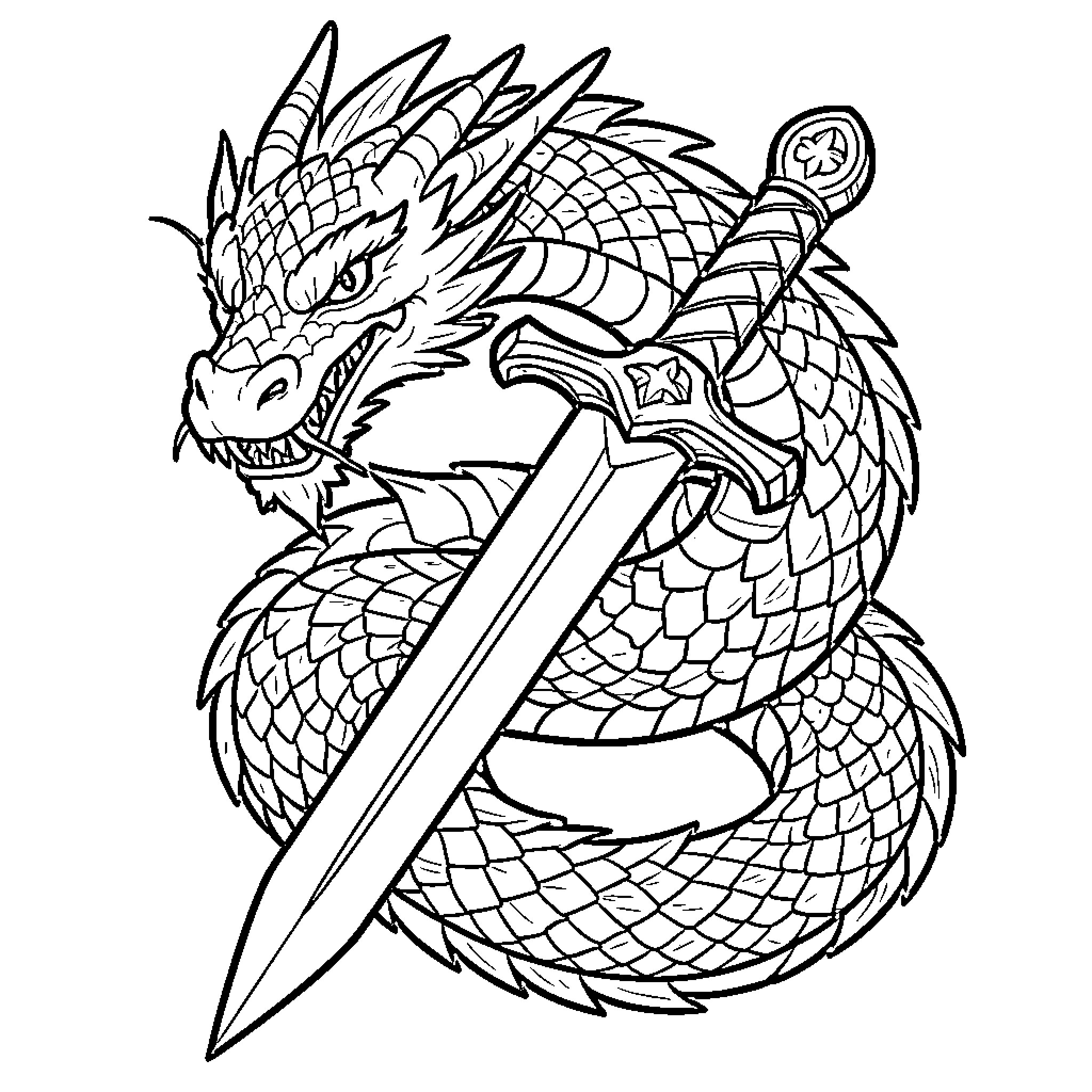 Dragon coiled tightly around a large sword Coloring Page (free black-and-white line drawing printable PDF for all, from beginners to advanced learners, including children, teens, adults, and seniors)