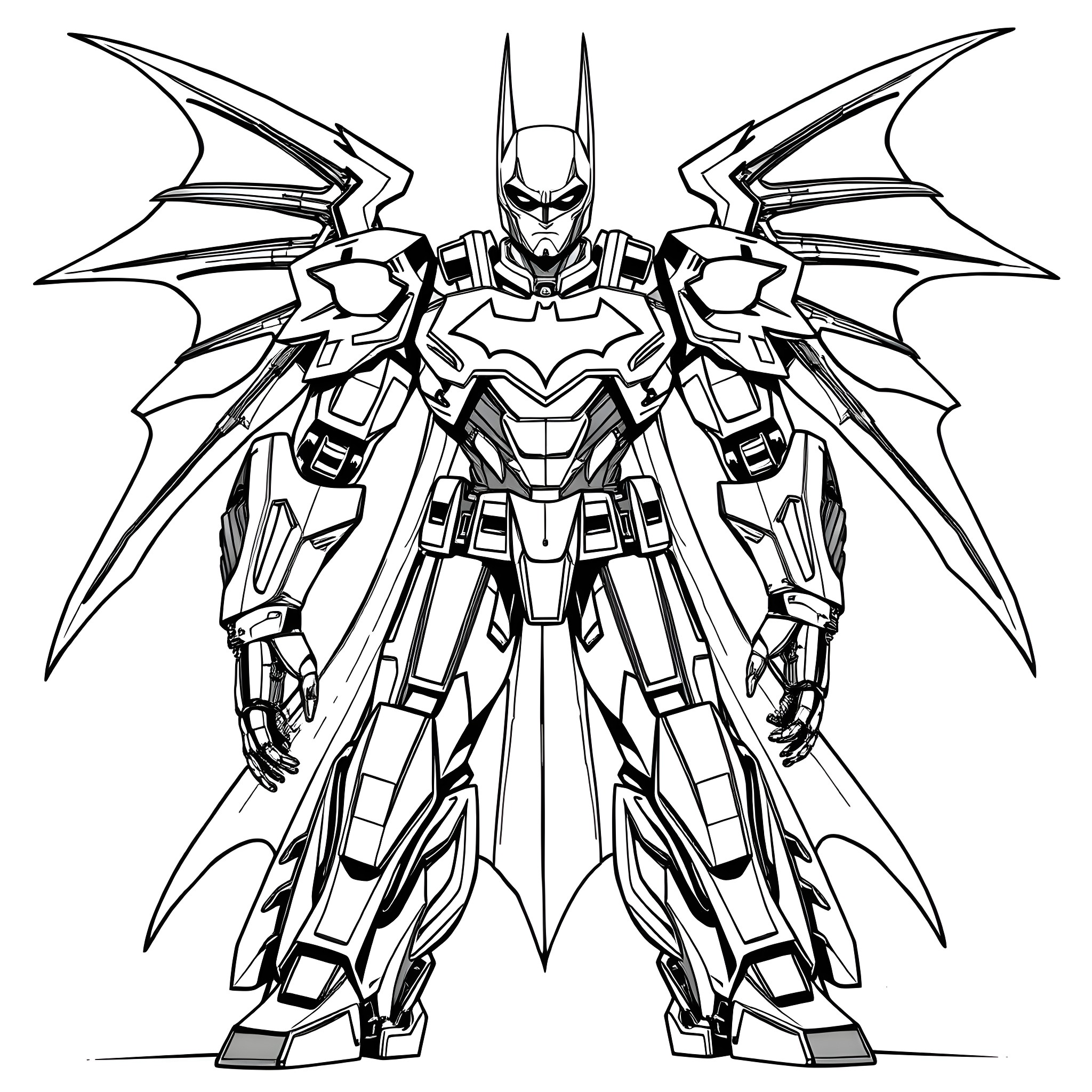 Mecha Batman in Powerful Heroic Pose Coloring Page (free black-and-white line drawing printable PDF for all, from beginners to advanced learners, including children, teens, adults, and seniors)