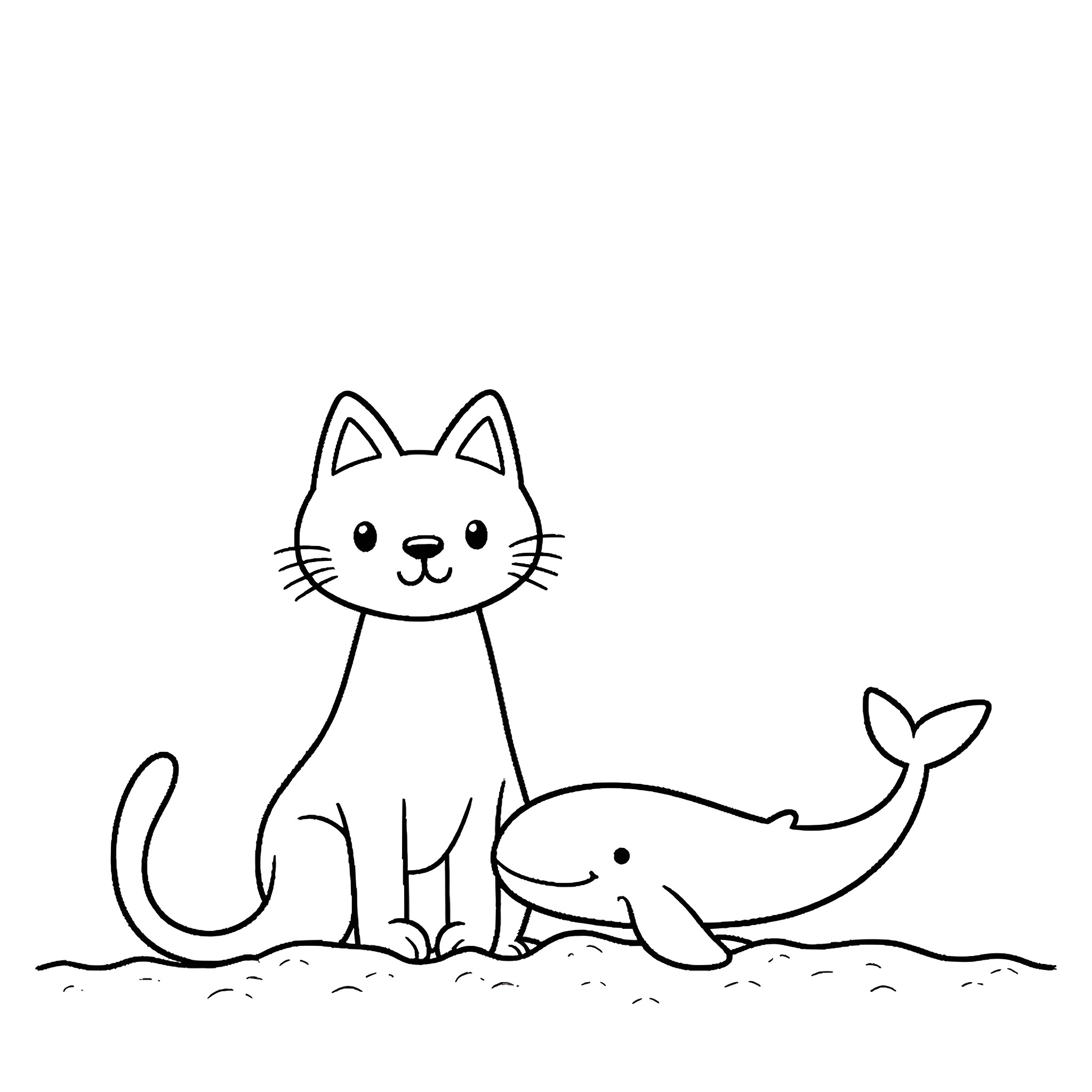 Cat and whale enjoying nature together Coloring Page (free black-and-white line drawing printable PDF for all, from beginners to advanced learners, including children, teens, adults, and seniors)