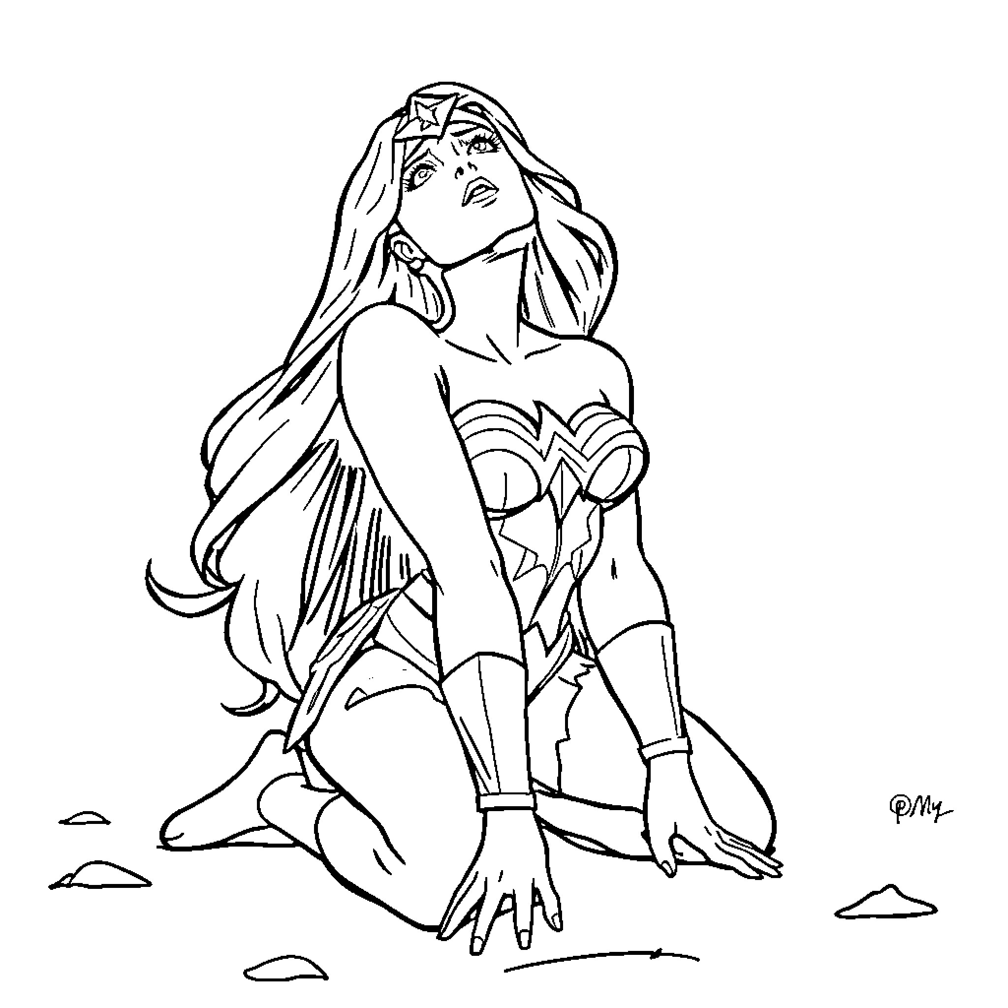Wonder Woman in Action Pose Coloring Page (free black-and-white line drawing printable PDF for all, from beginners to advanced learners, including children, teens, adults, and seniors)
