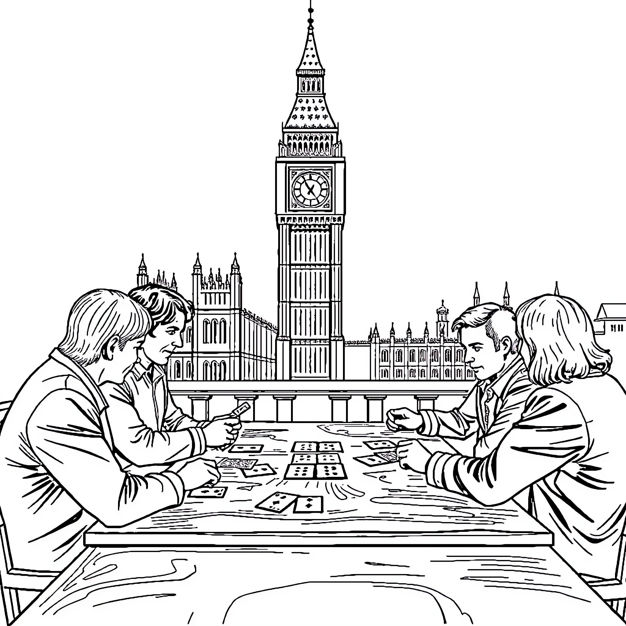 Big Ben landmark viewed by young people at a cafe Coloring Page (free black-and-white line drawing printable PDF for all, from beginners to advanced learners, including children, teens, adults, and seniors)