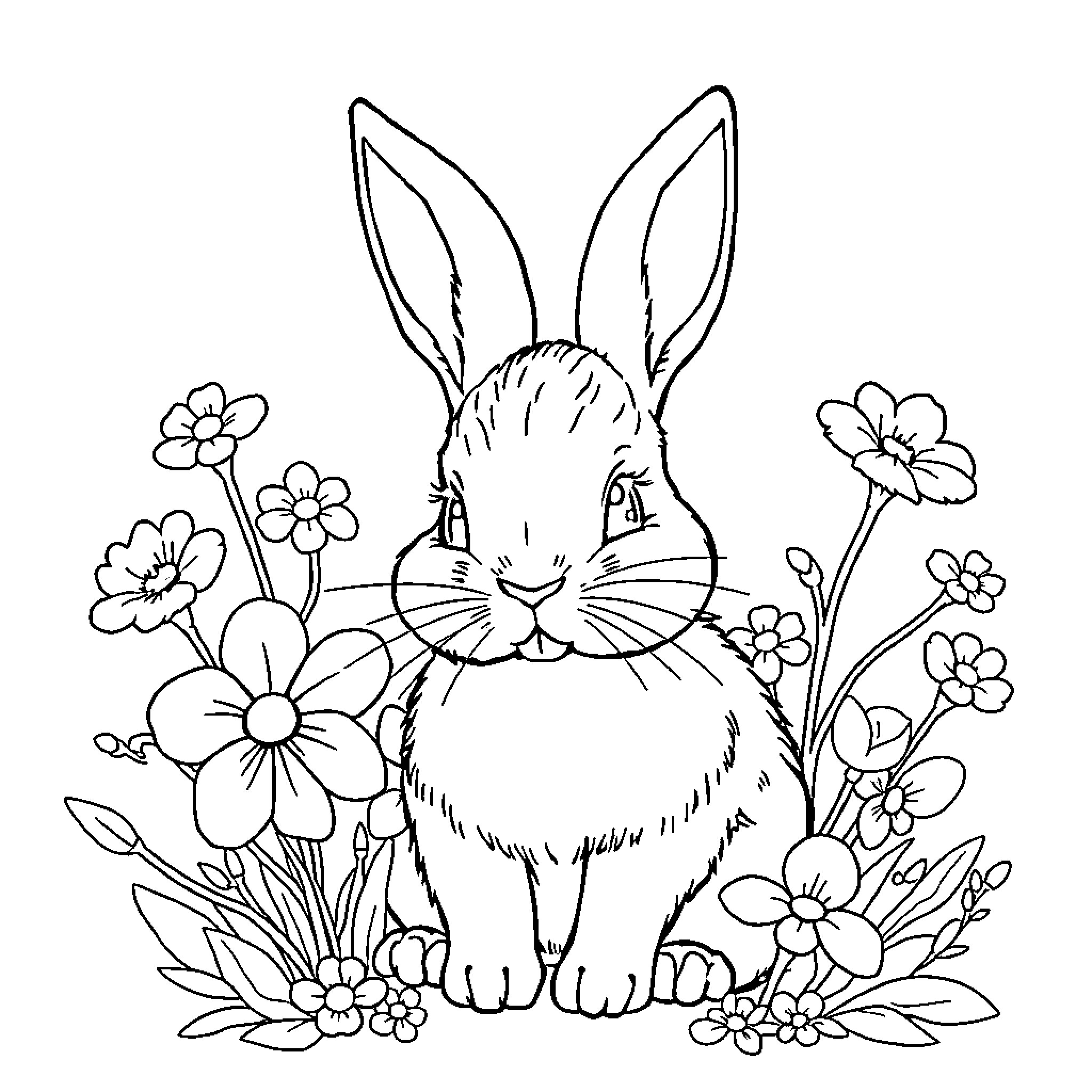 Rabbit sitting among flowers Coloring Page (free black-and-white line drawing printable PDF for all, from beginners to advanced learners, including children, teens, adults, and seniors)