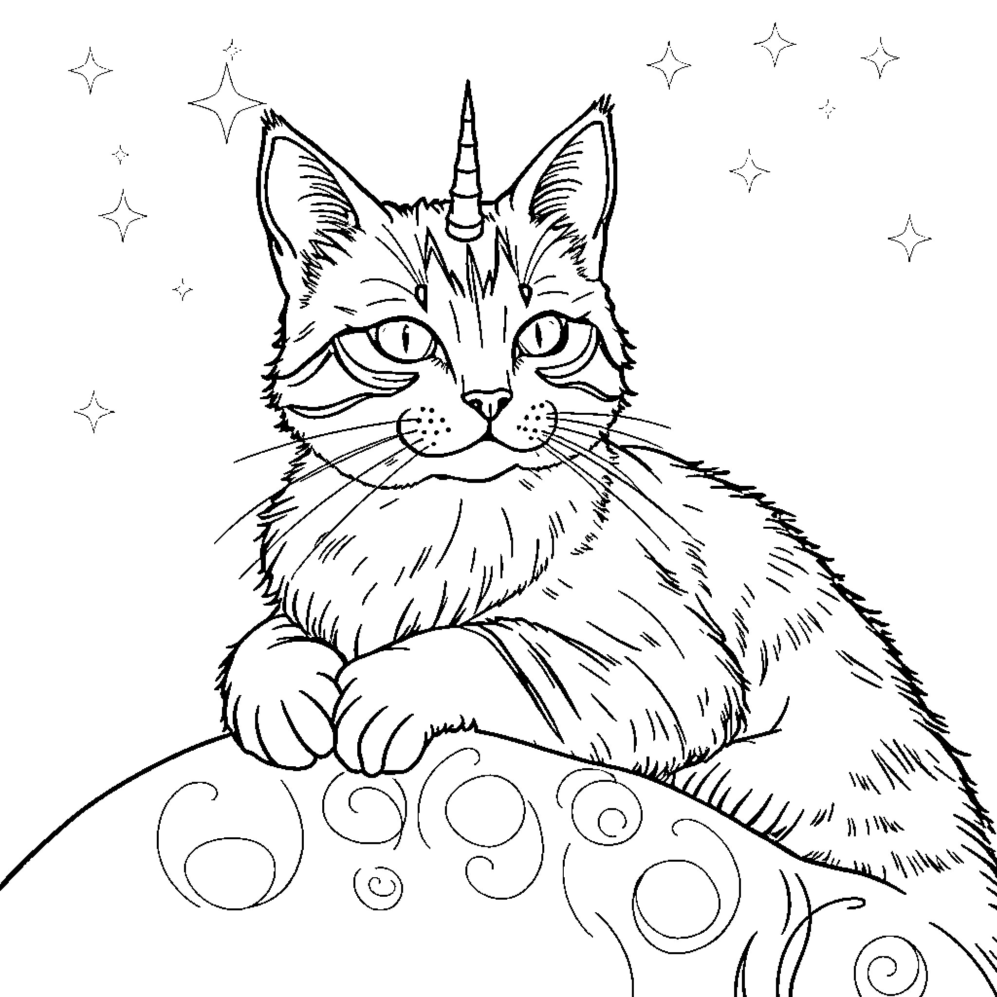 Mermaid Cat with Magical Swirls and Stars Coloring Page (free black-and-white line drawing printable PDF for all, from beginners to advanced learners, including children, teens, adults, and seniors)