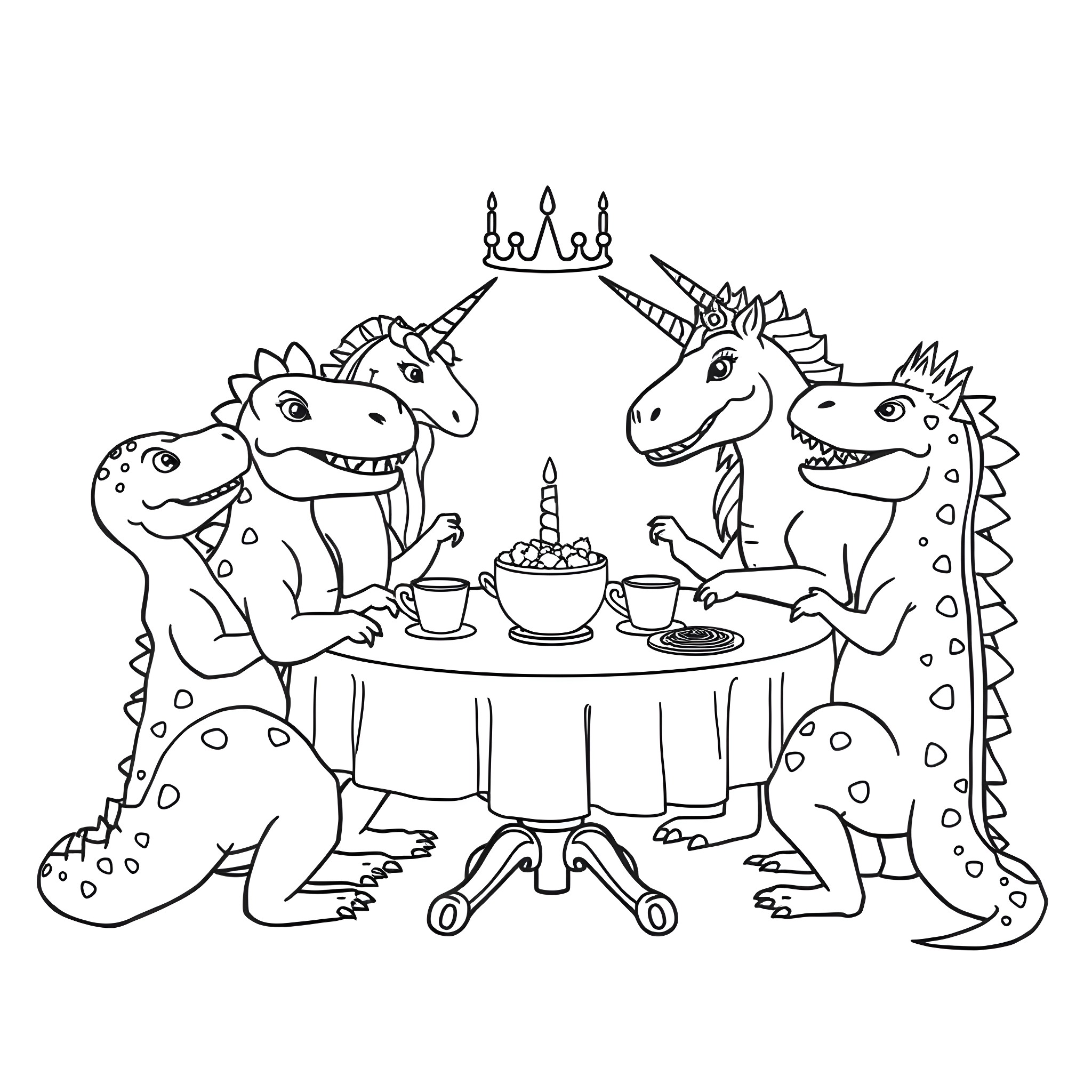 Dinosaur birthday party with cake and presents Coloring Page (free black-and-white line drawing printable PDF for all, from beginners to advanced learners, including children, teens, adults, and seniors)