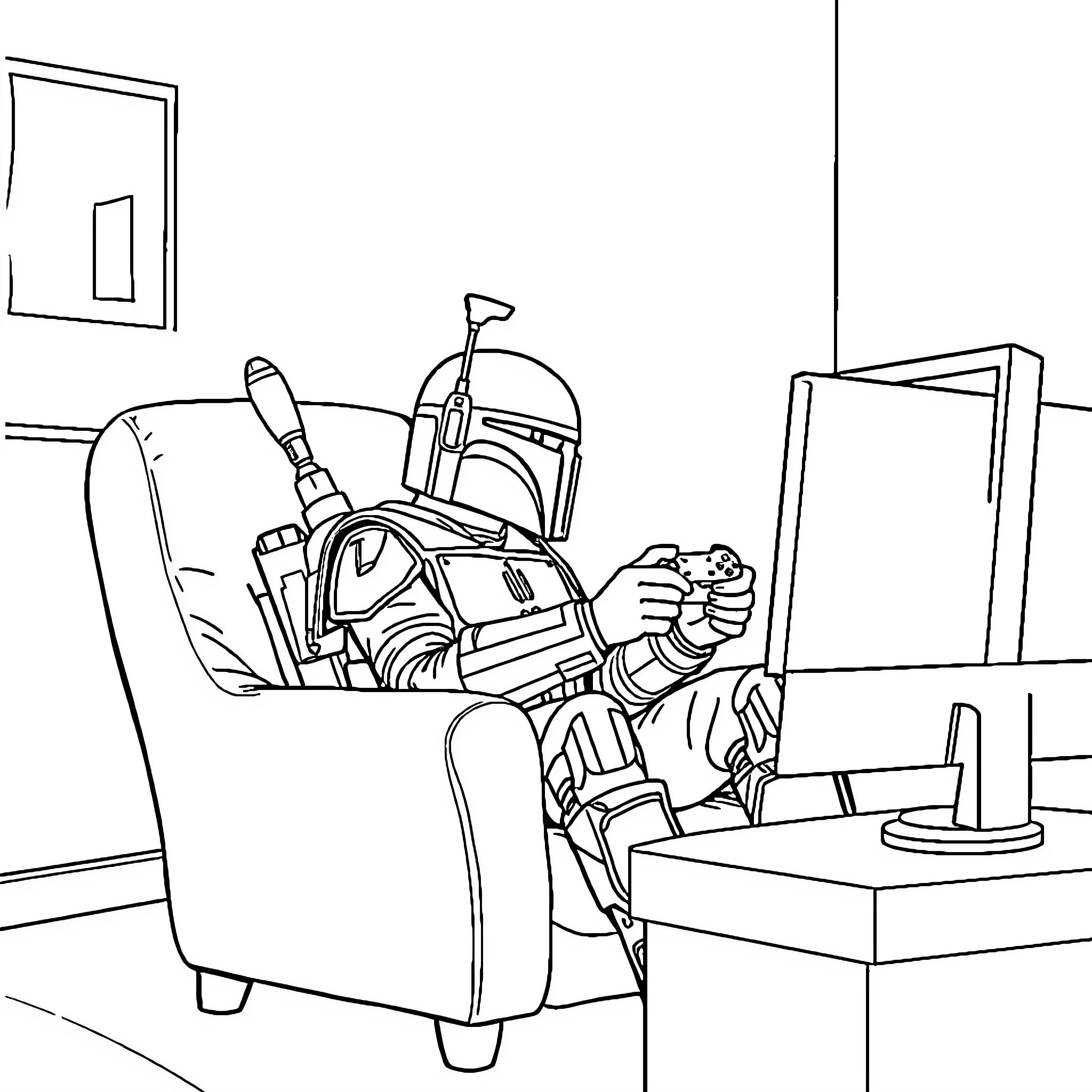 Boba Fett relaxing in his chair at home Coloring Page (free black-and-white line drawing printable PDF for all, from beginners to advanced learners, including children, teens, adults, and seniors)
