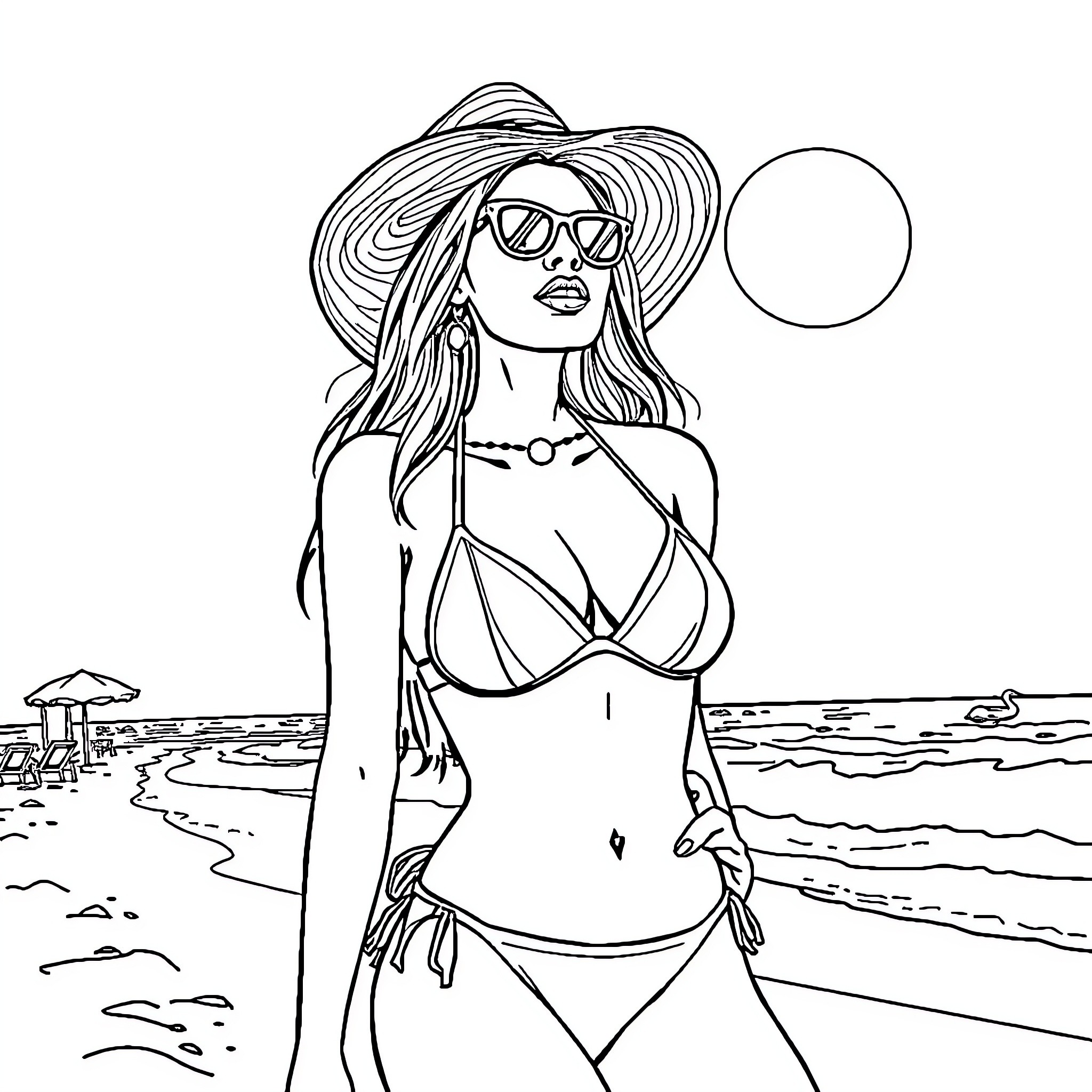 Girl in stylish swimsuit enjoying the beach Coloring Page (free black-and-white line drawing printable PDF for all, from beginners to advanced learners, including children, teens, adults, and seniors)