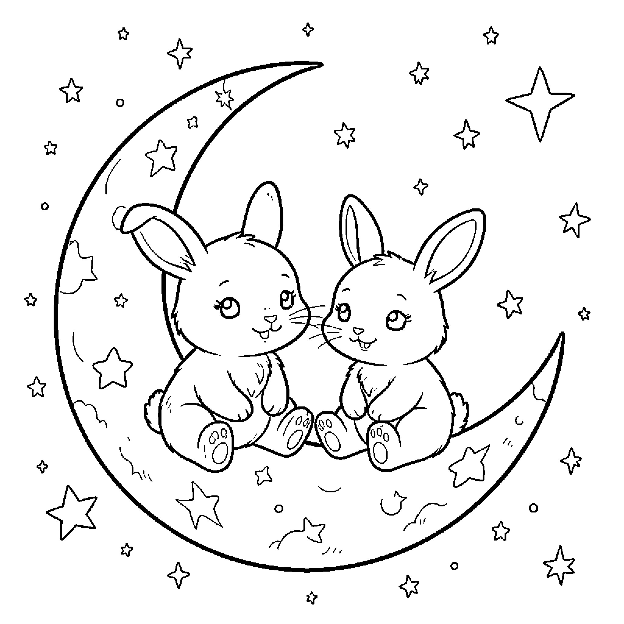 Bunnies playing on a crescent moon with stars Coloring Page (free black-and-white line drawing printable PDF for all, from beginners to advanced learners, including children, teens, adults, and seniors)