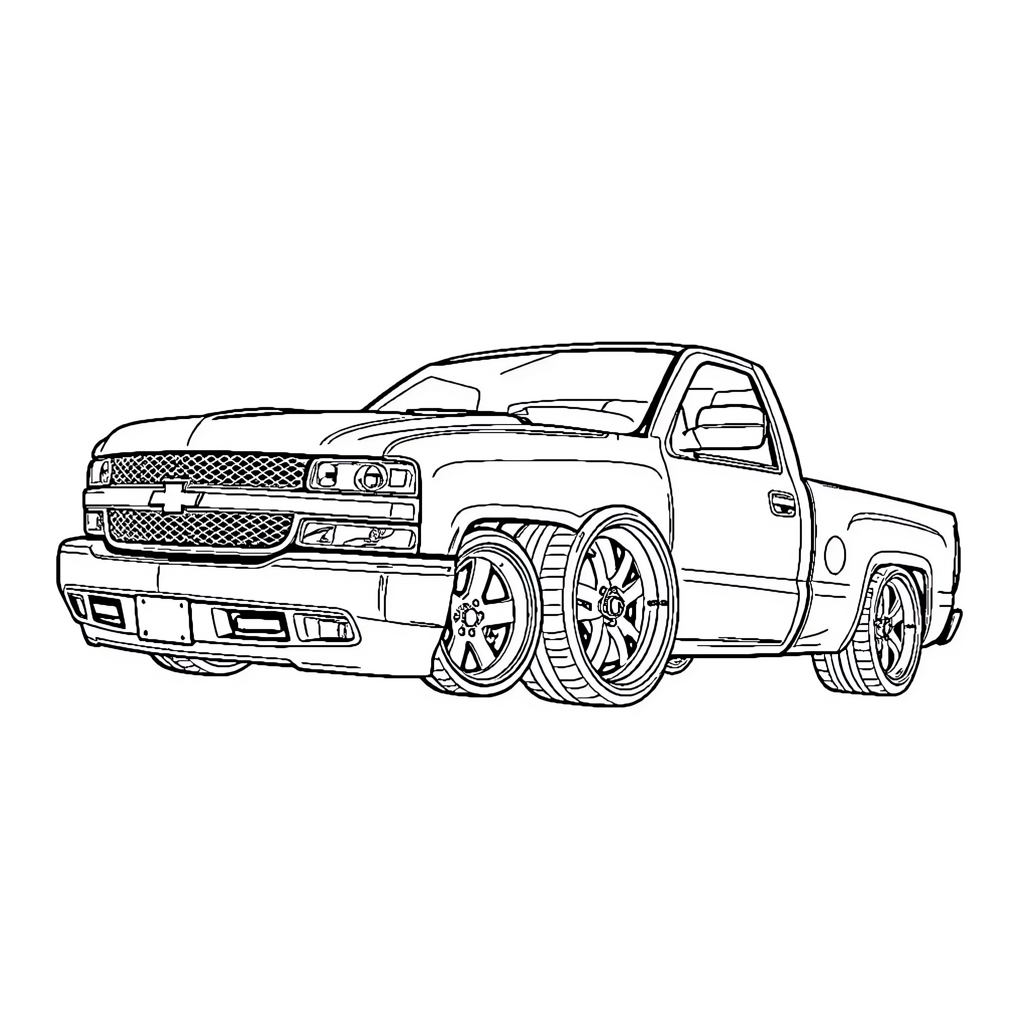 Silverado pickup truck with custom modifications Coloring Page (free black-and-white line drawing printable PDF for all, from beginners to advanced learners, including children, teens, adults, and seniors)