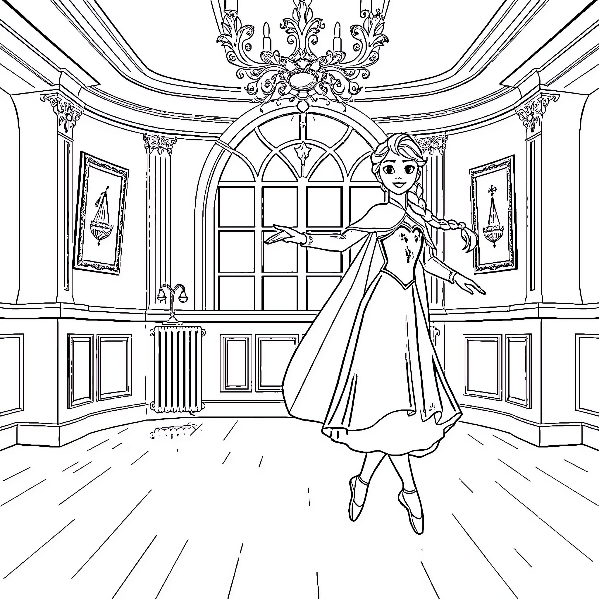 Elsa dancing gracefully in a grand palace Coloring Page (free black-and-white line drawing printable PDF for all, from beginners to advanced learners, including children, teens, adults, and seniors)