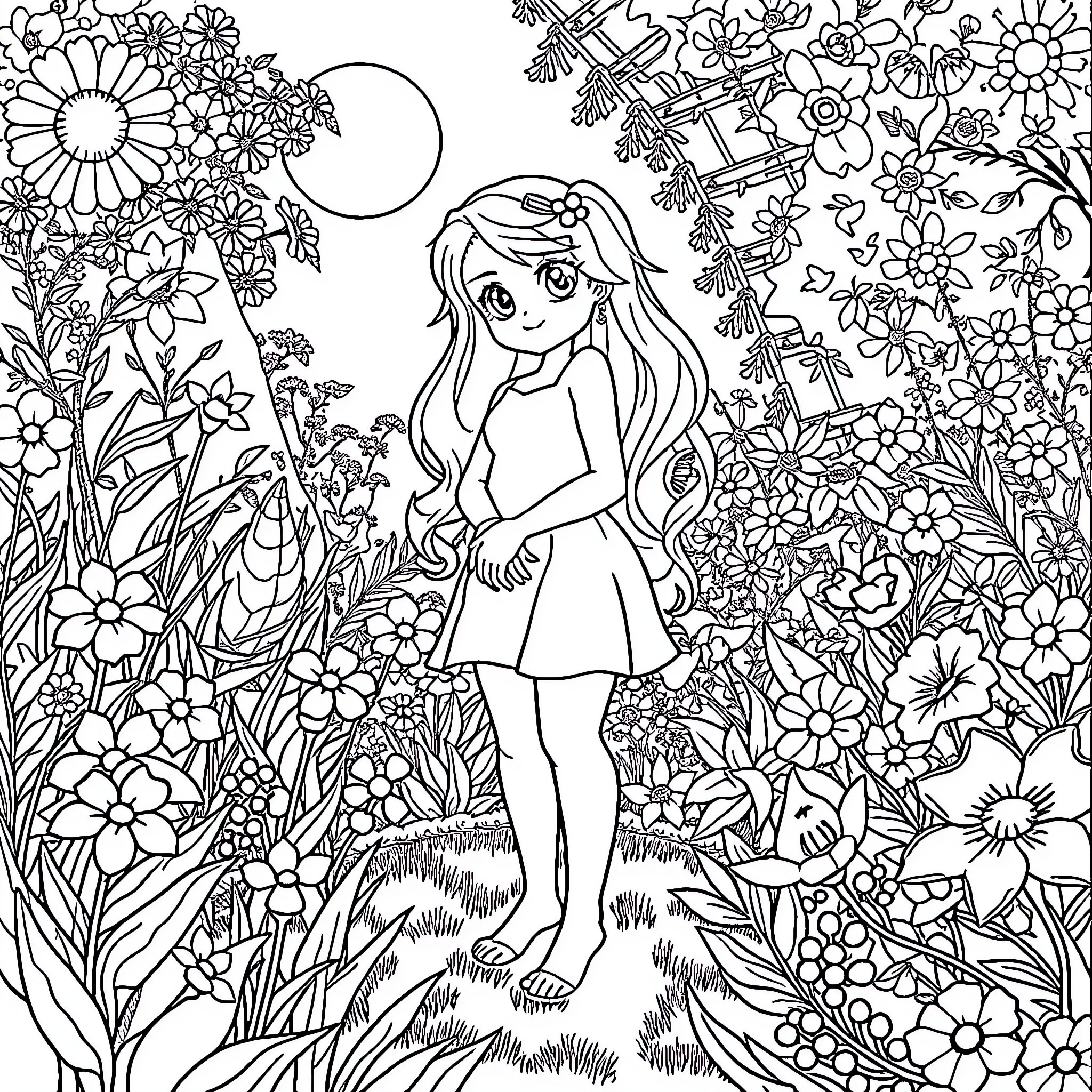 Bella explores the whimsical floral garden Coloring Page (free black-and-white line drawing printable PDF for all, from beginners to advanced learners, including children, teens, adults, and seniors)