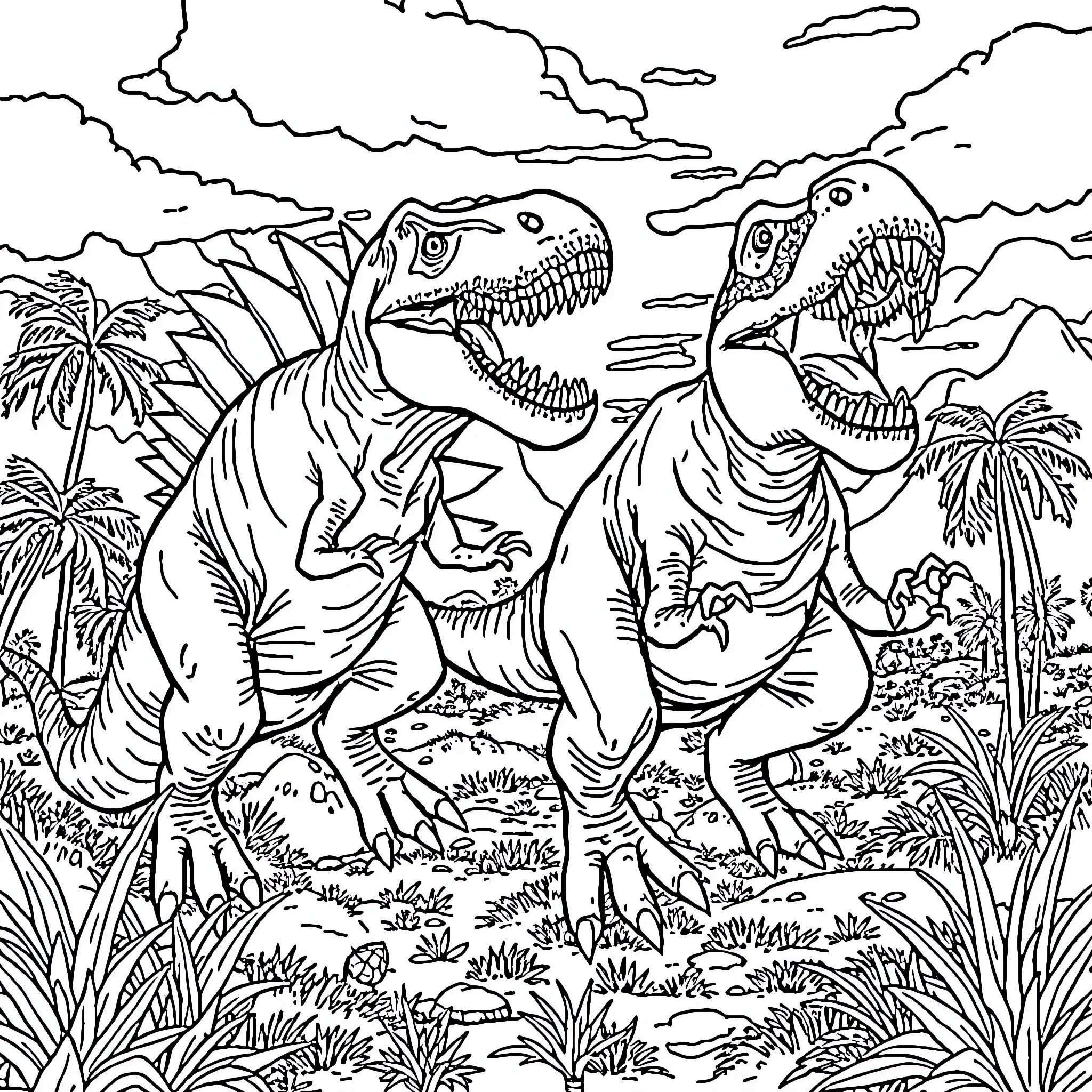 Dinosaur duo in a prehistoric landscape Coloring Page (free black-and-white line drawing printable PDF for all, from beginners to advanced learners, including children, teens, adults, and seniors)