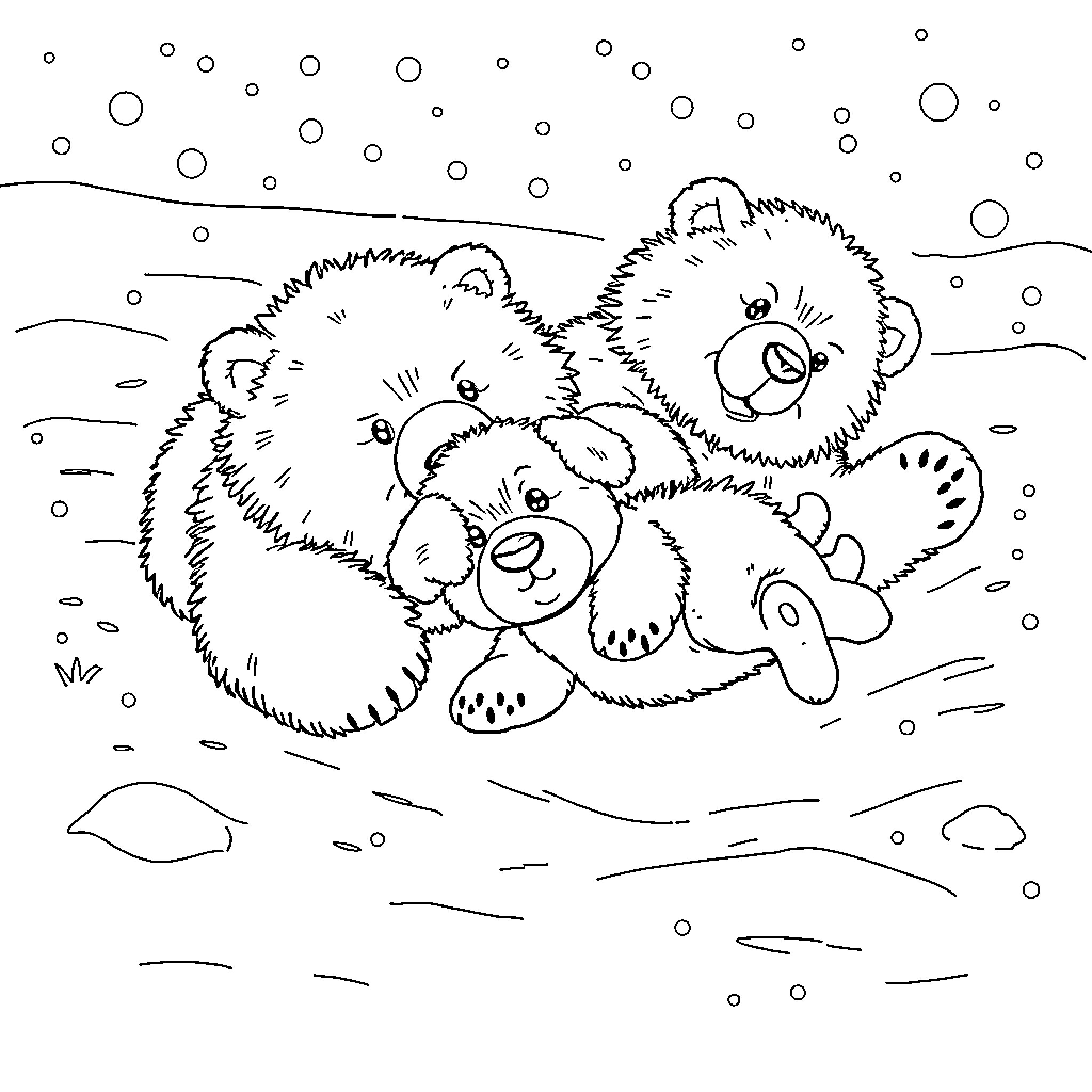Polar Bears Cuddling in Snowy Landscape Coloring Page (free black-and-white line drawing printable PDF for all, from beginners to advanced learners, including children, teens, adults, and seniors)
