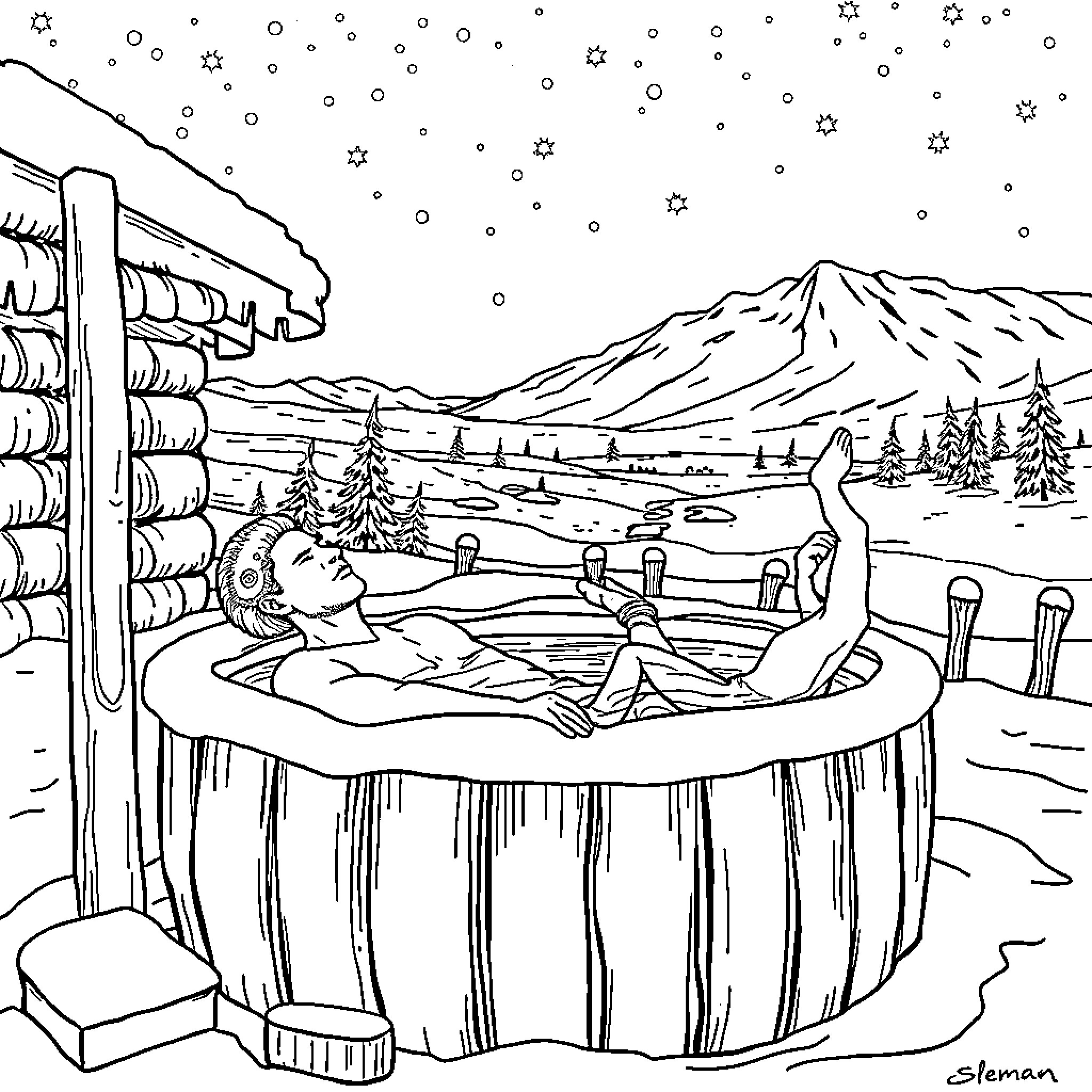 Man relaxing in a snowy hot tub with mountain view Coloring Page (free black-and-white line drawing printable PDF for all, from beginners to advanced learners, including children, teens, adults, and seniors)