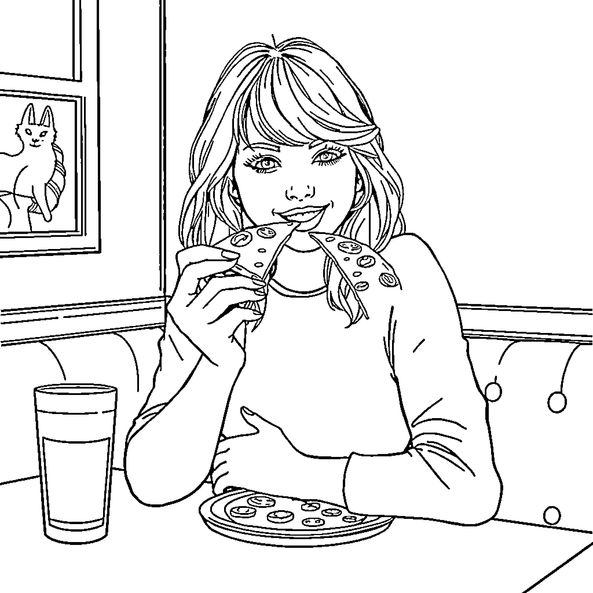 Taylor Swift enjoying a snack in a cozy setting Coloring Page (free black-and-white line drawing printable PDF for all, from beginners to advanced learners, including children, teens, adults, and seniors)