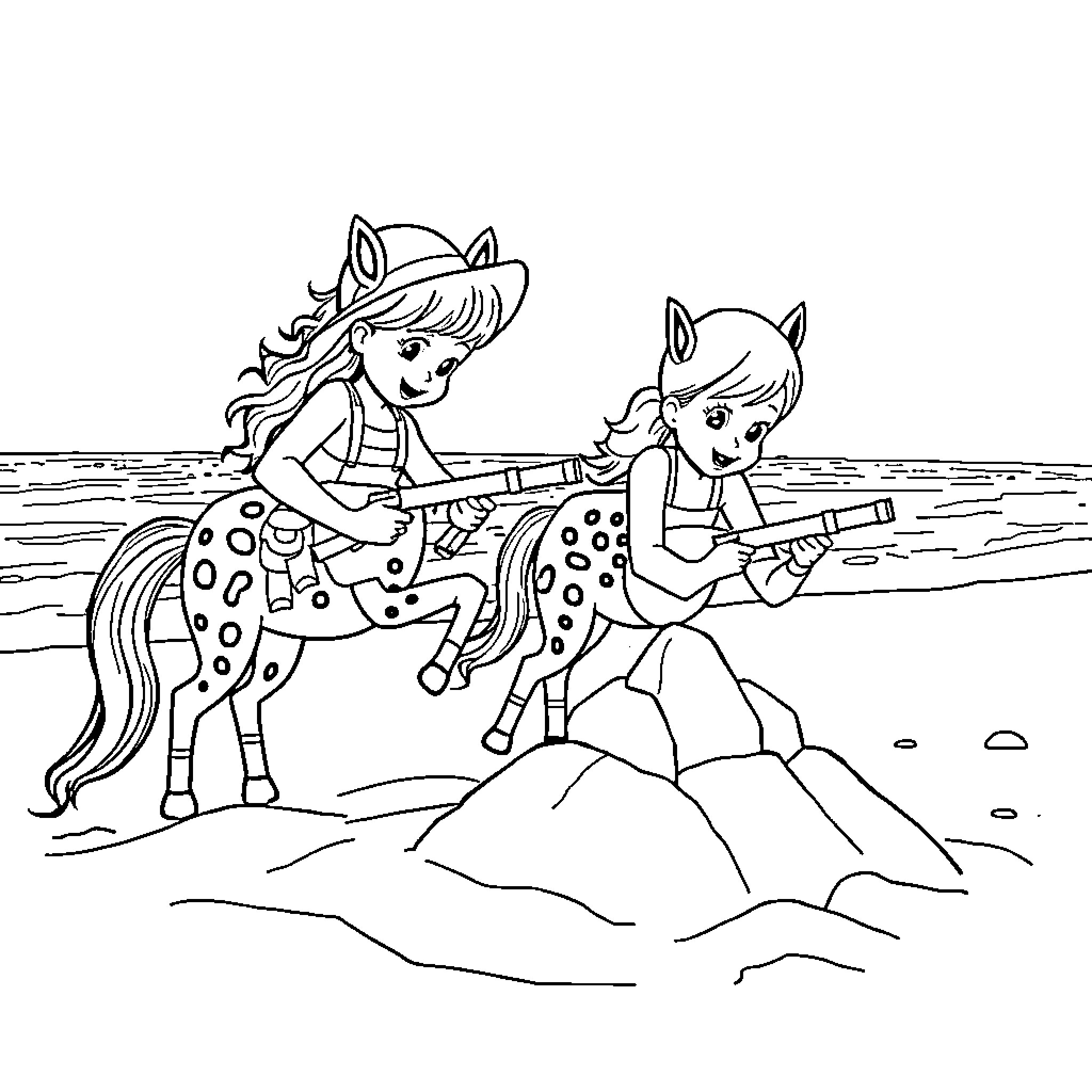Hunter siblings playing with spotted ponies on the beach Coloring Page (free black-and-white line drawing printable PDF for all, from beginners to advanced learners, including children, teens, adults, and seniors)