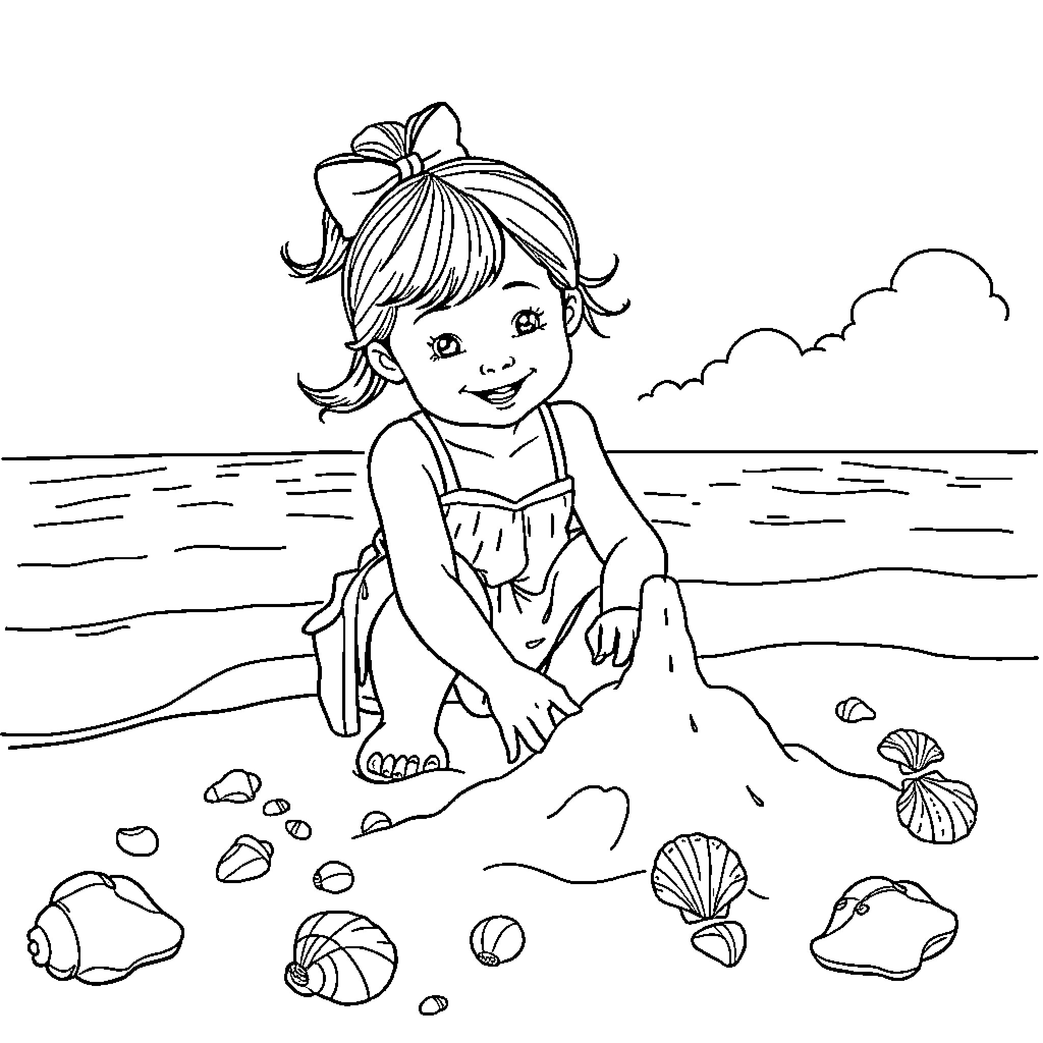 Girl playing happily on the beach Coloring Page (free black-and-white line drawing printable PDF for all, from beginners to advanced learners, including children, teens, adults, and seniors)