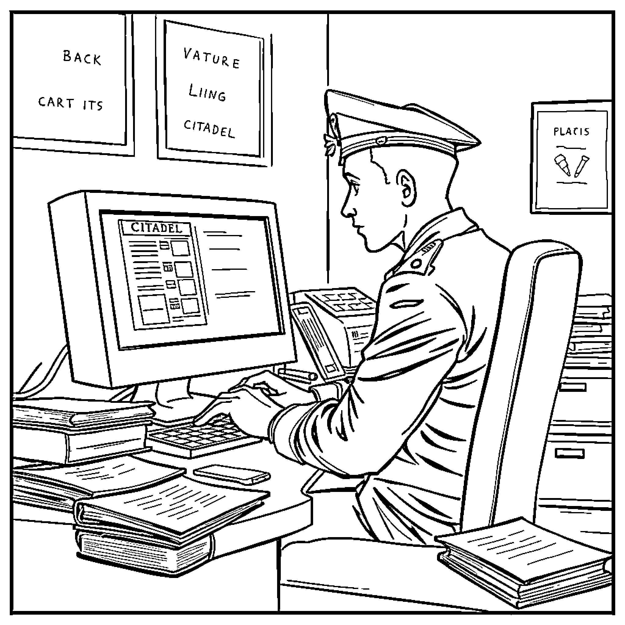 Cadet Studying Military Tactics at Citadel Command Center Coloring Page (free black-and-white line drawing printable PDF for all, from beginners to advanced learners, including children, teens, adults, and seniors)