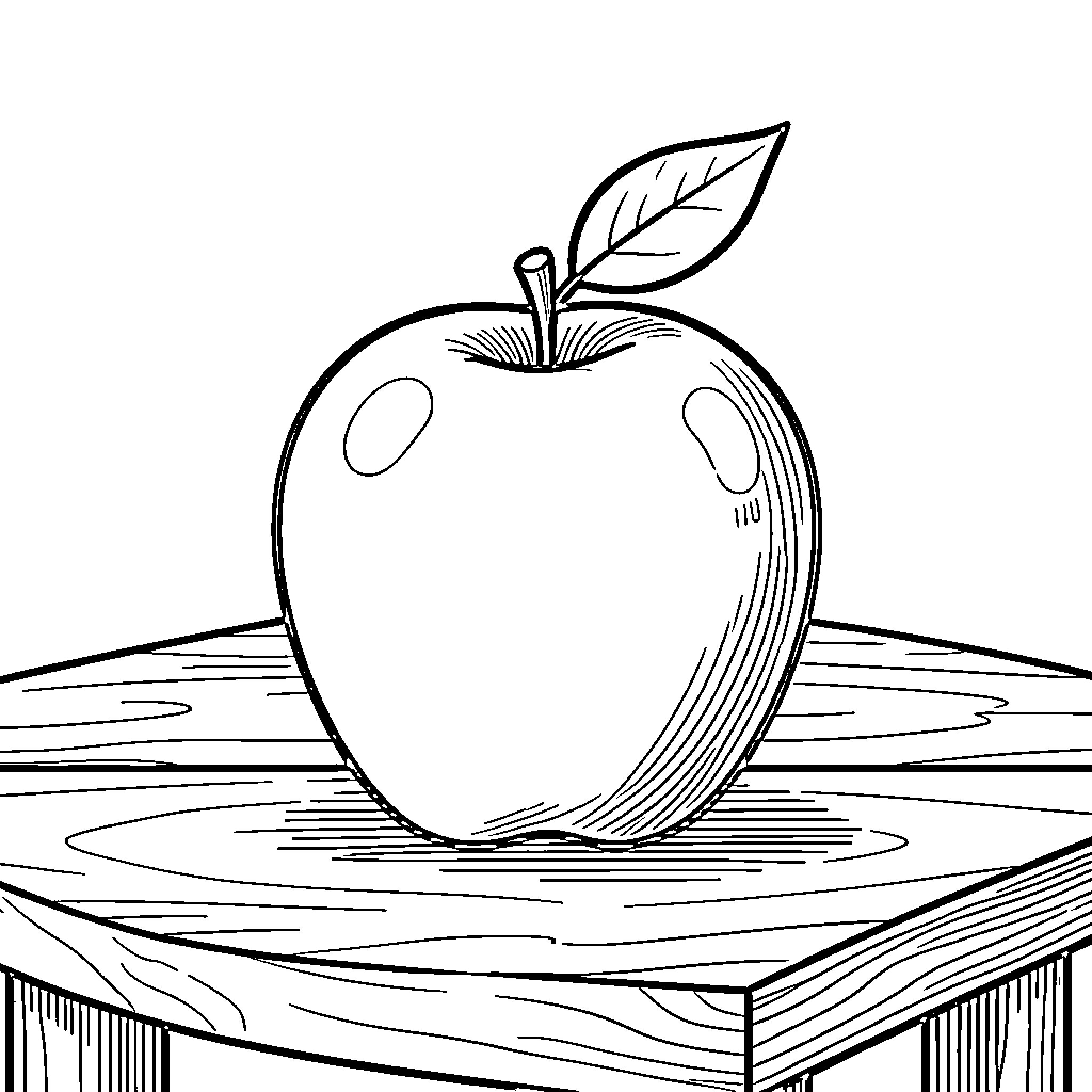 Apple sitting on a wooden table Coloring Page (free black-and-white line drawing printable PDF for all, from beginners to advanced learners, including children, teens, adults, and seniors)