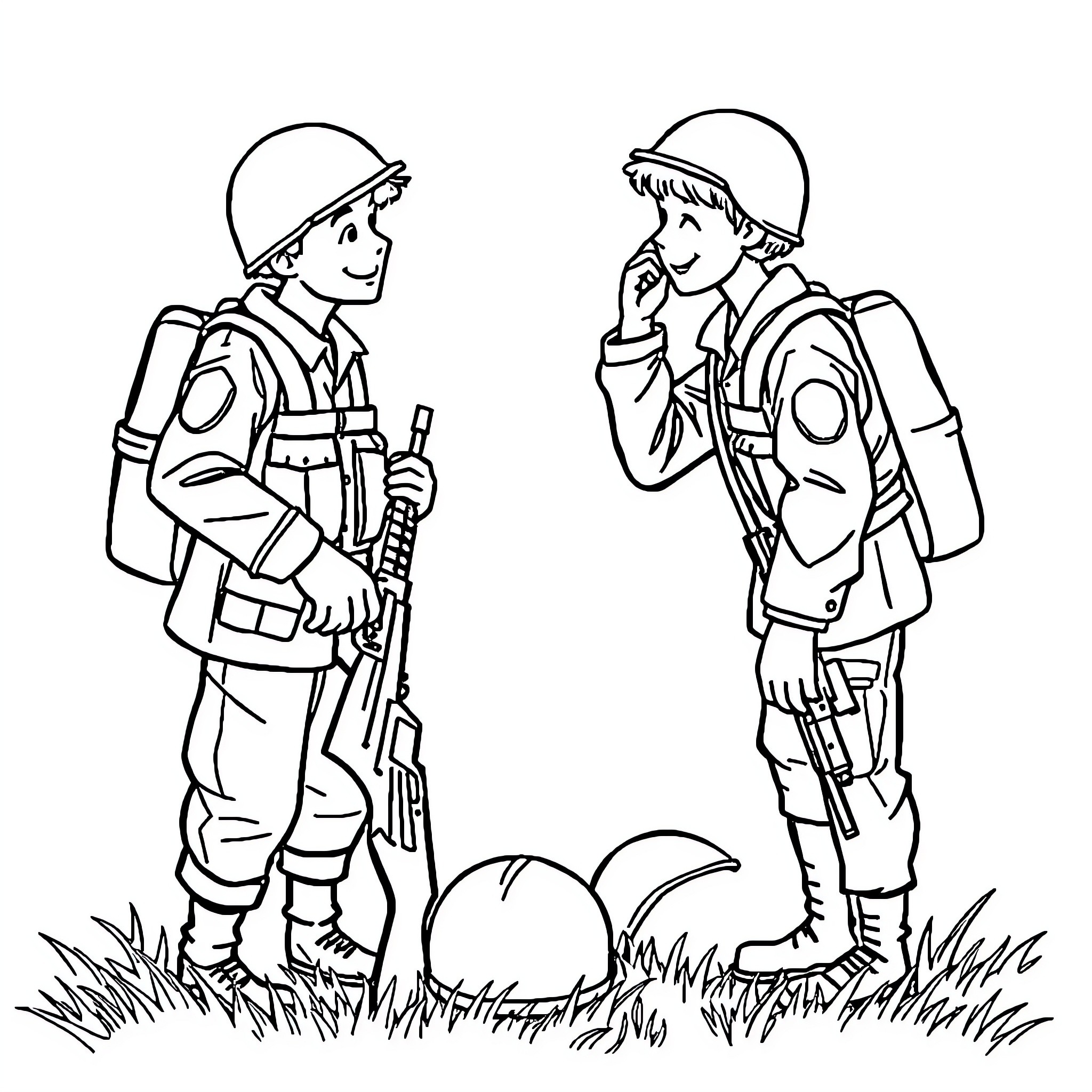 Soldiers conversing in the field Coloring Page (free black-and-white line drawing printable PDF for all, from beginners to advanced learners, including children, teens, adults, and seniors)