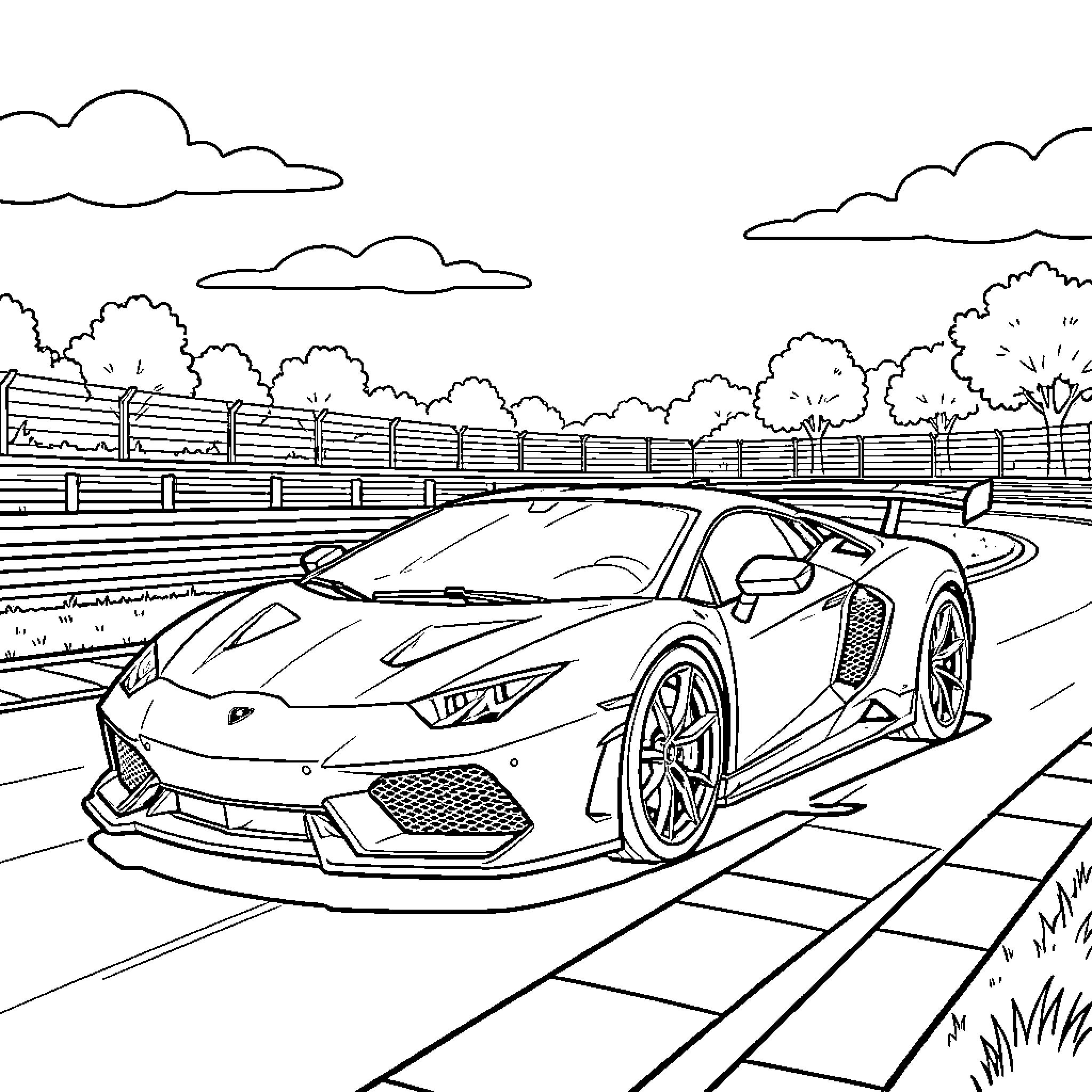 Supercar speeding fast on a racing track Coloring Page (free black-and-white line drawing printable PDF for all, from beginners to advanced learners, including children, teens, adults, and seniors)