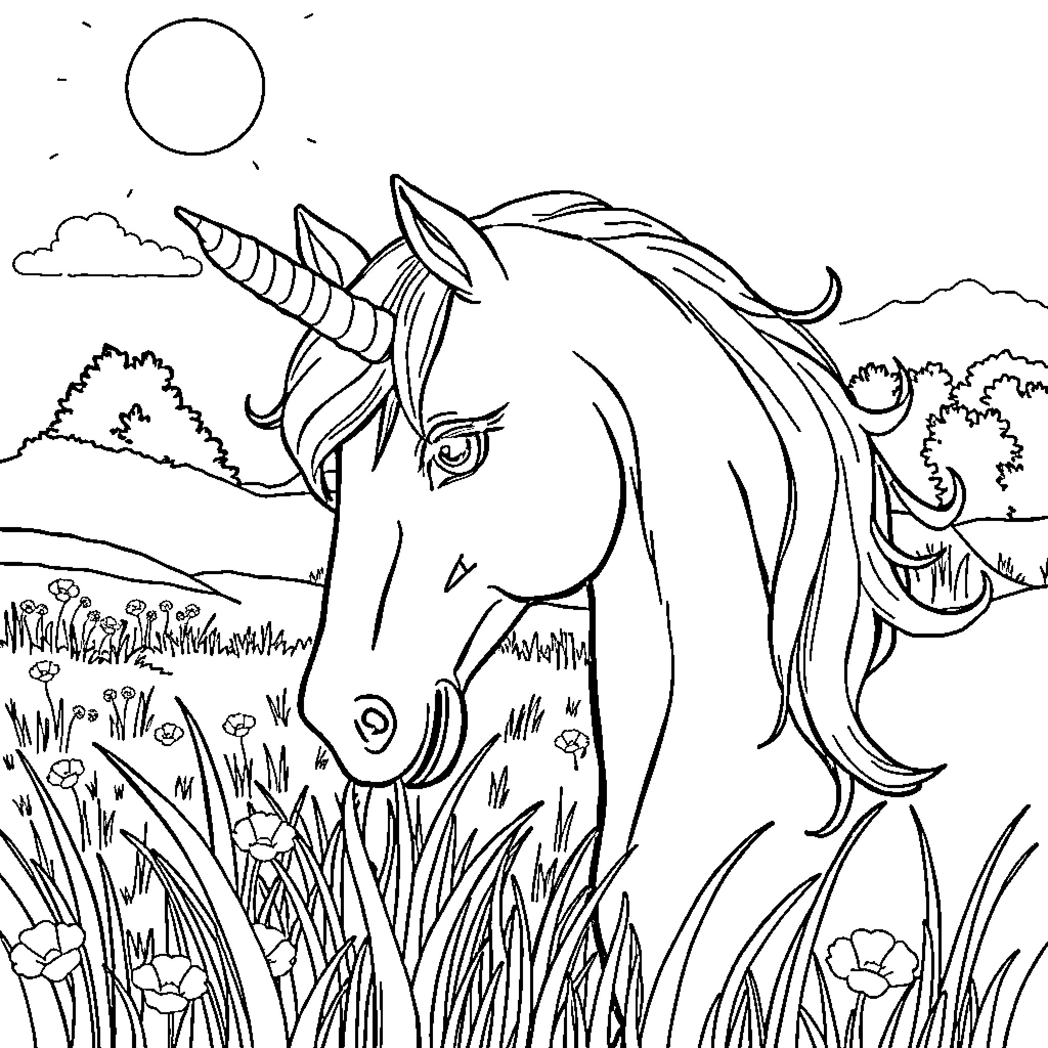 Unicorn standing in a meadow Coloring Page (free black-and-white line drawing printable PDF for all, from beginners to advanced learners, including children, teens, adults, and seniors)