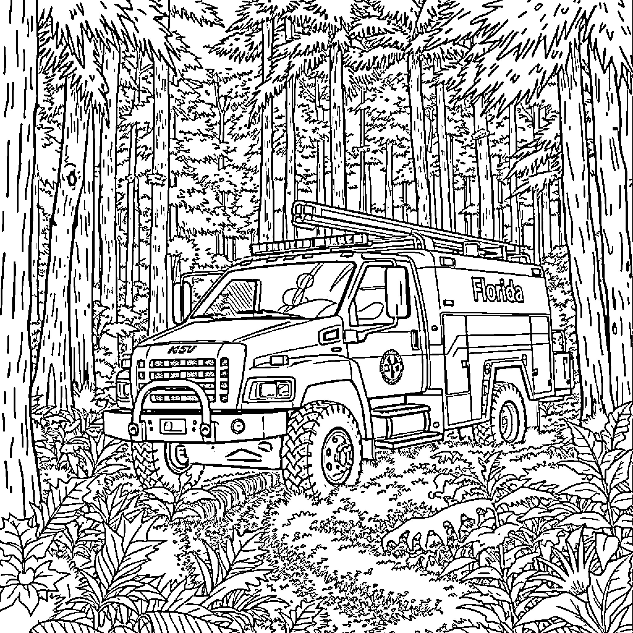 Brush Truck navigating forest landscape Coloring Page (free black-and-white line drawing printable PDF for all, from beginners to advanced learners, including children, teens, adults, and seniors)
