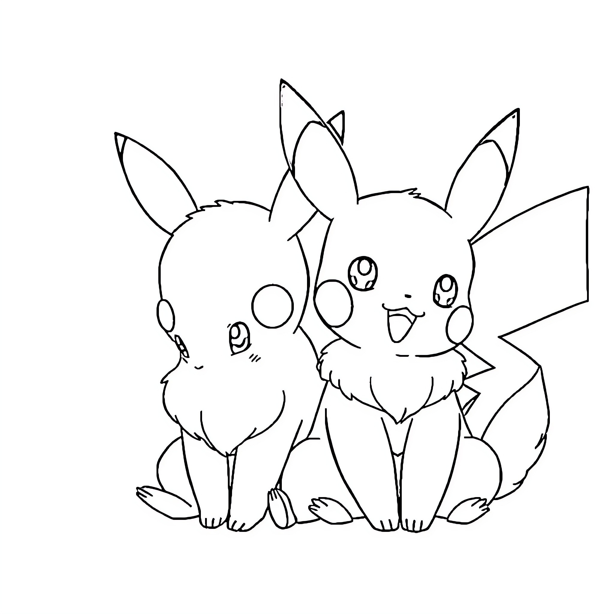 Pikachu and friends in a simple line drawing Coloring Page (free black-and-white line drawing printable PDF for all, from beginners to advanced learners, including children, teens, adults, and seniors)