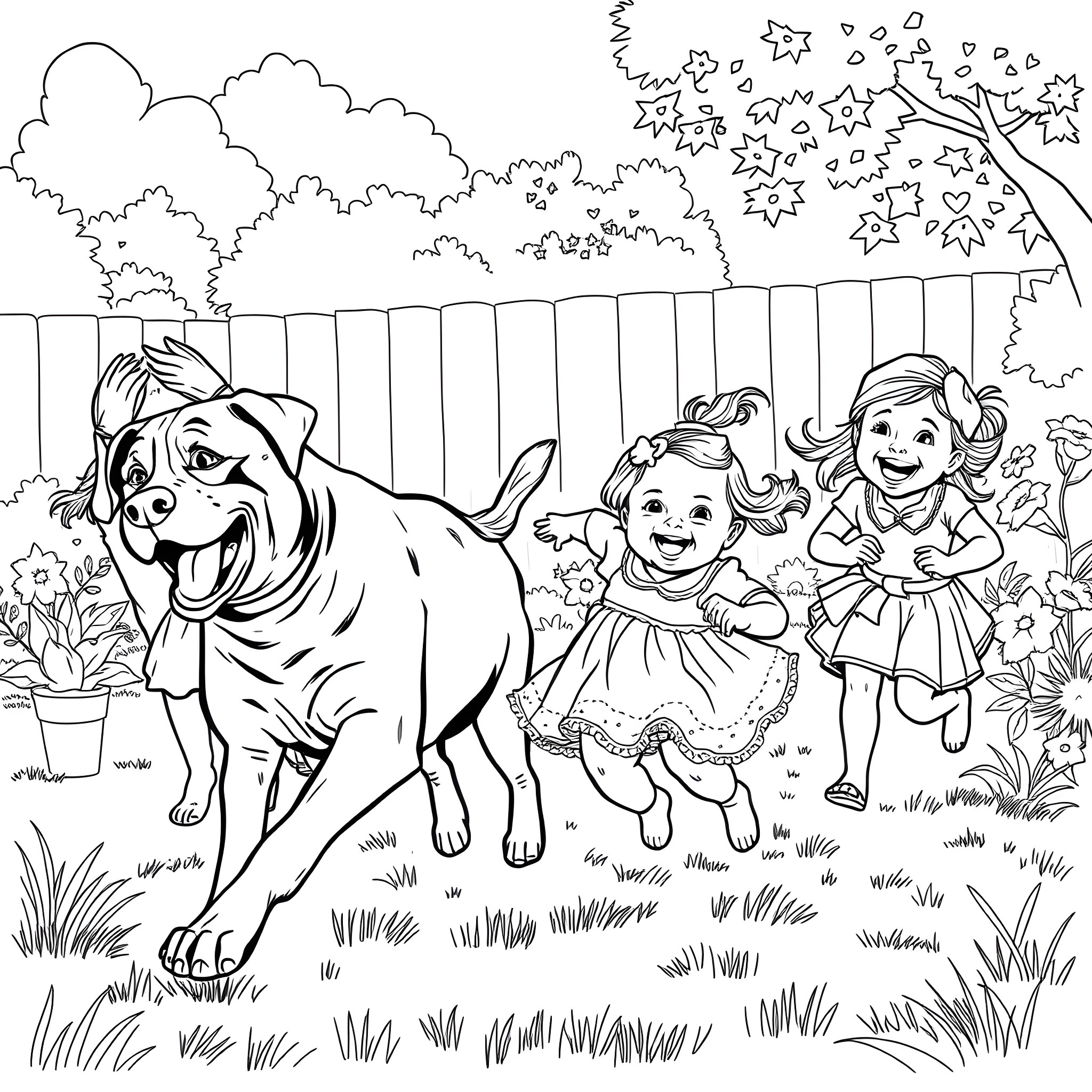 Rottweiler playing with children in the backyard Coloring Page (free black-and-white line drawing printable PDF for all, from beginners to advanced learners, including children, teens, adults, and seniors)