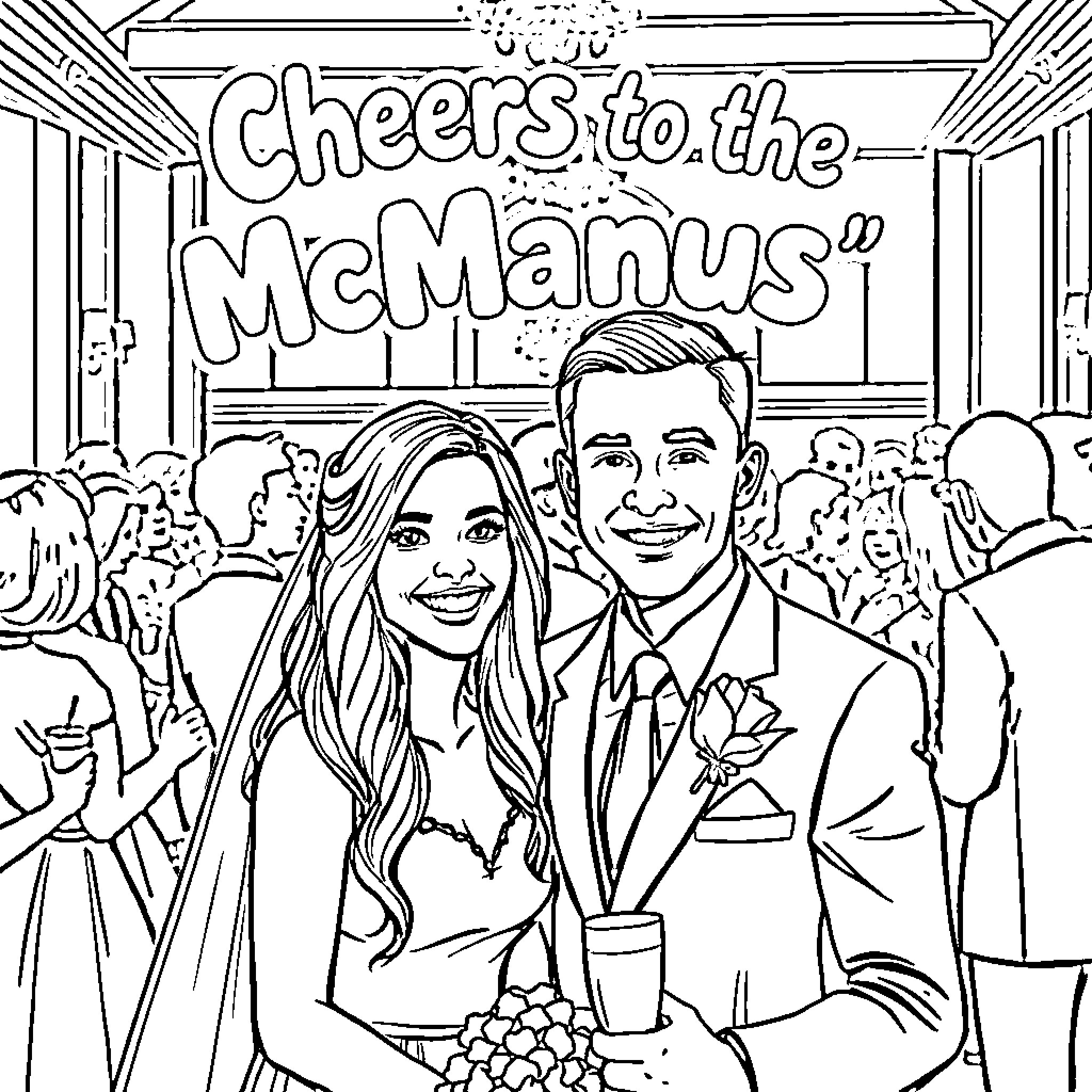 Couple celebrating wedding in crowd Coloring Page (free black-and-white line drawing printable PDF for all, from beginners to advanced learners, including children, teens, adults, and seniors)