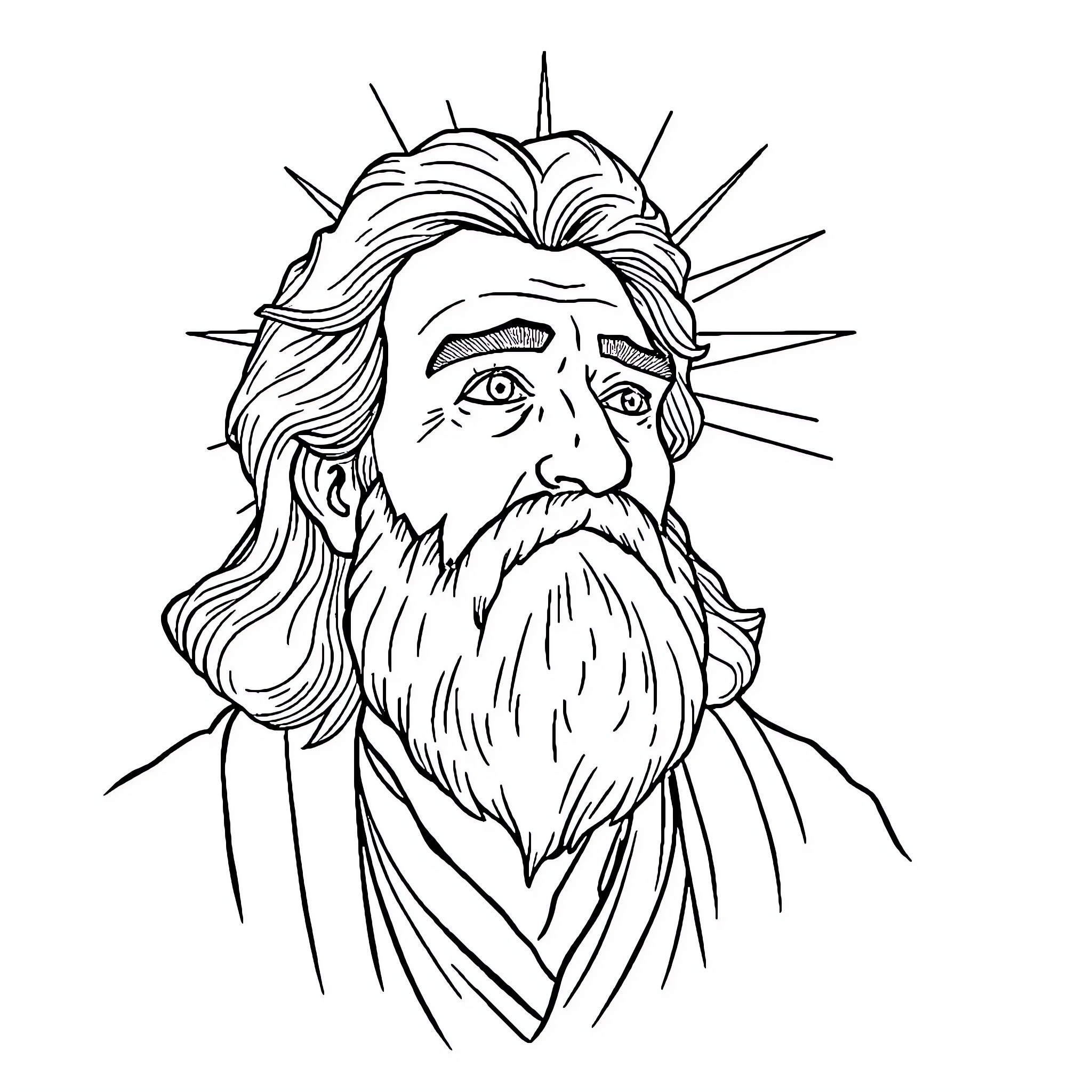 Man with long hair and beard in deep thought Coloring Page (free black-and-white line drawing printable PDF for all, from beginners to advanced learners, including children, teens, adults, and seniors)