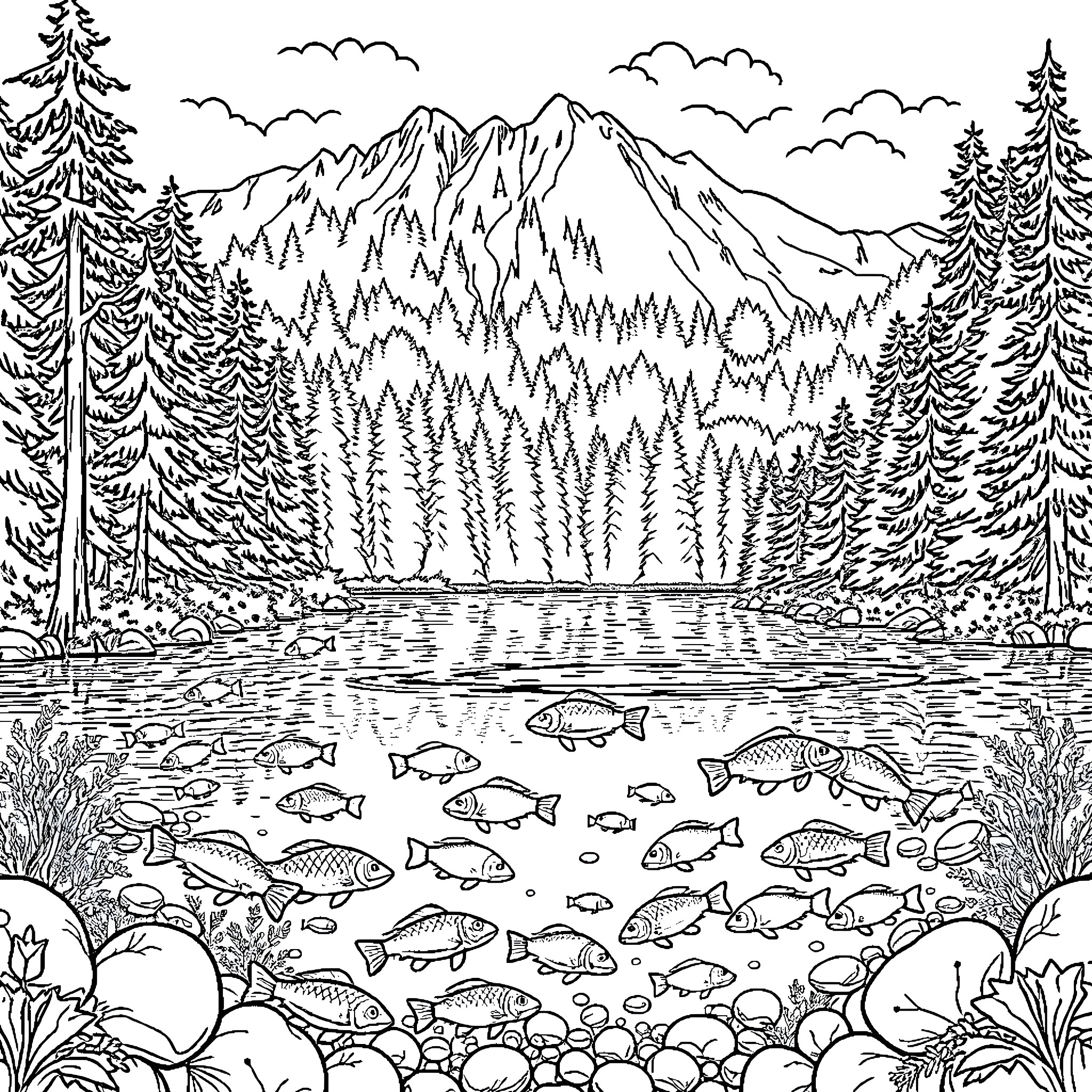 Fish swimming in a mountain lake Coloring Page (free black-and-white line drawing printable PDF for all, from beginners to advanced learners, including children, teens, adults, and seniors)