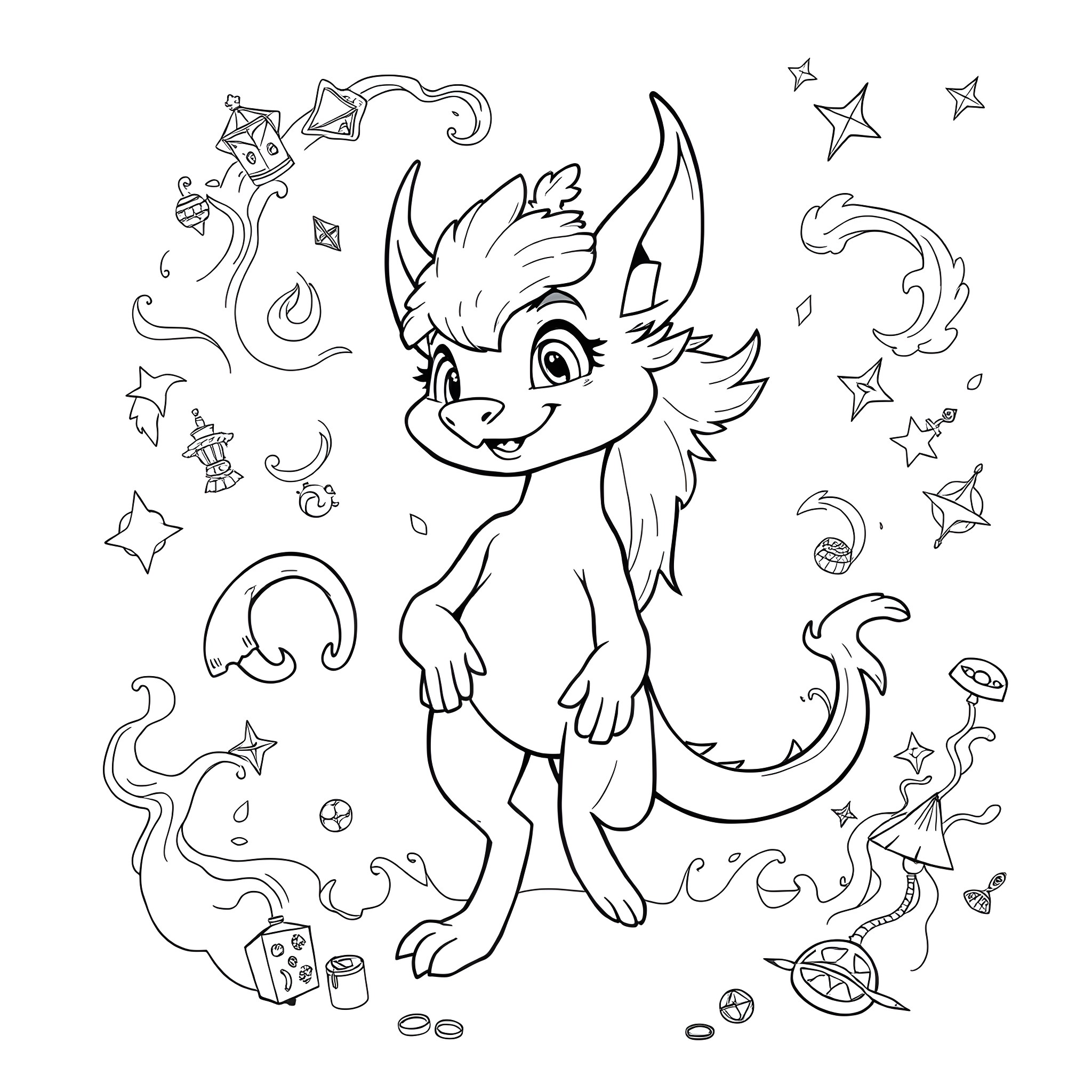 Maziken's Whimsical Adventure Coloring Page (free black-and-white line drawing printable PDF for all, from beginners to advanced learners, including children, teens, adults, and seniors)