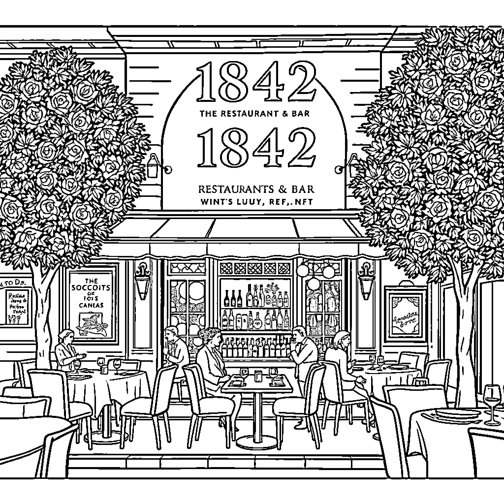 Restaurant with people enjoying food and drinks Coloring Page (free black-and-white line drawing printable PDF for all, from beginners to advanced learners, including children, teens, adults, and seniors)