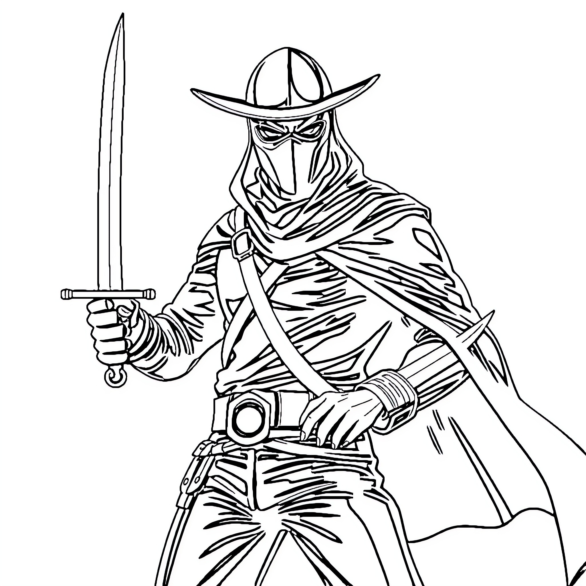 Zorro, the Mysterious Swashbuckler in Action Coloring Page (free black-and-white line drawing printable PDF for all, from beginners to advanced learners, including children, teens, adults, and seniors)