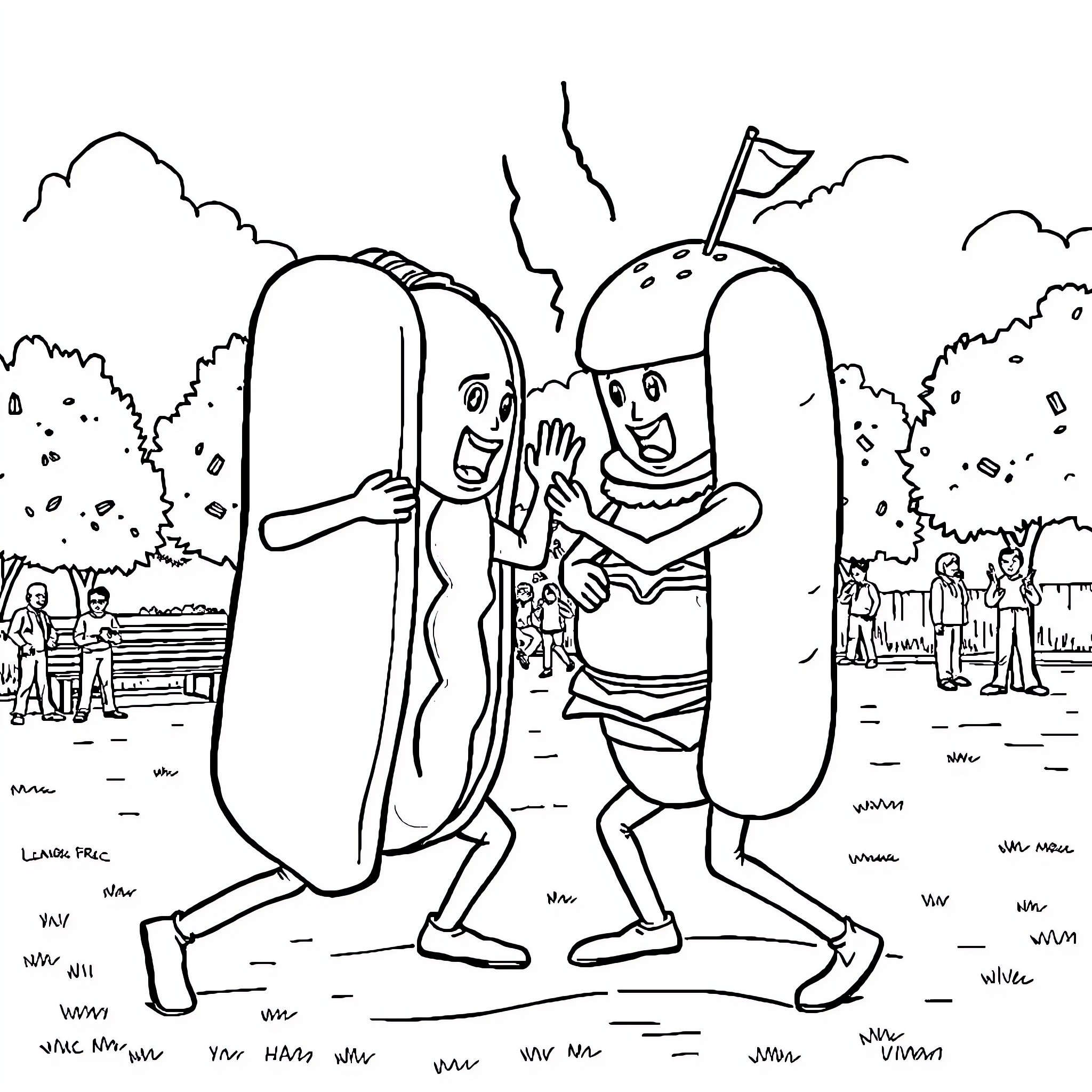 Food characters having fun in the park Coloring Page (free black-and-white line drawing printable PDF for all, from beginners to advanced learners, including children, teens, adults, and seniors)