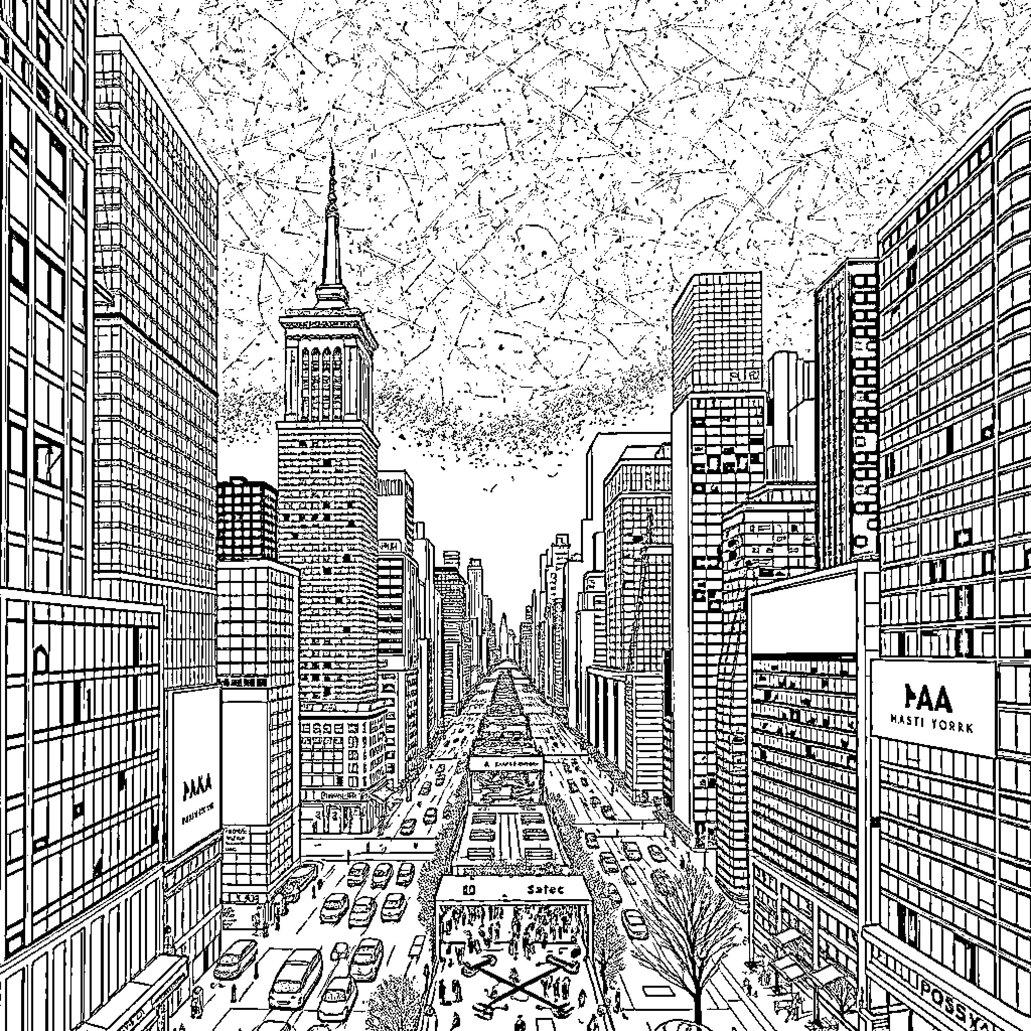 NYC Urban Landscape with Towering Skyscrapers Coloring Page (free black-and-white line drawing printable PDF for all, from beginners to advanced learners, including children, teens, adults, and seniors)