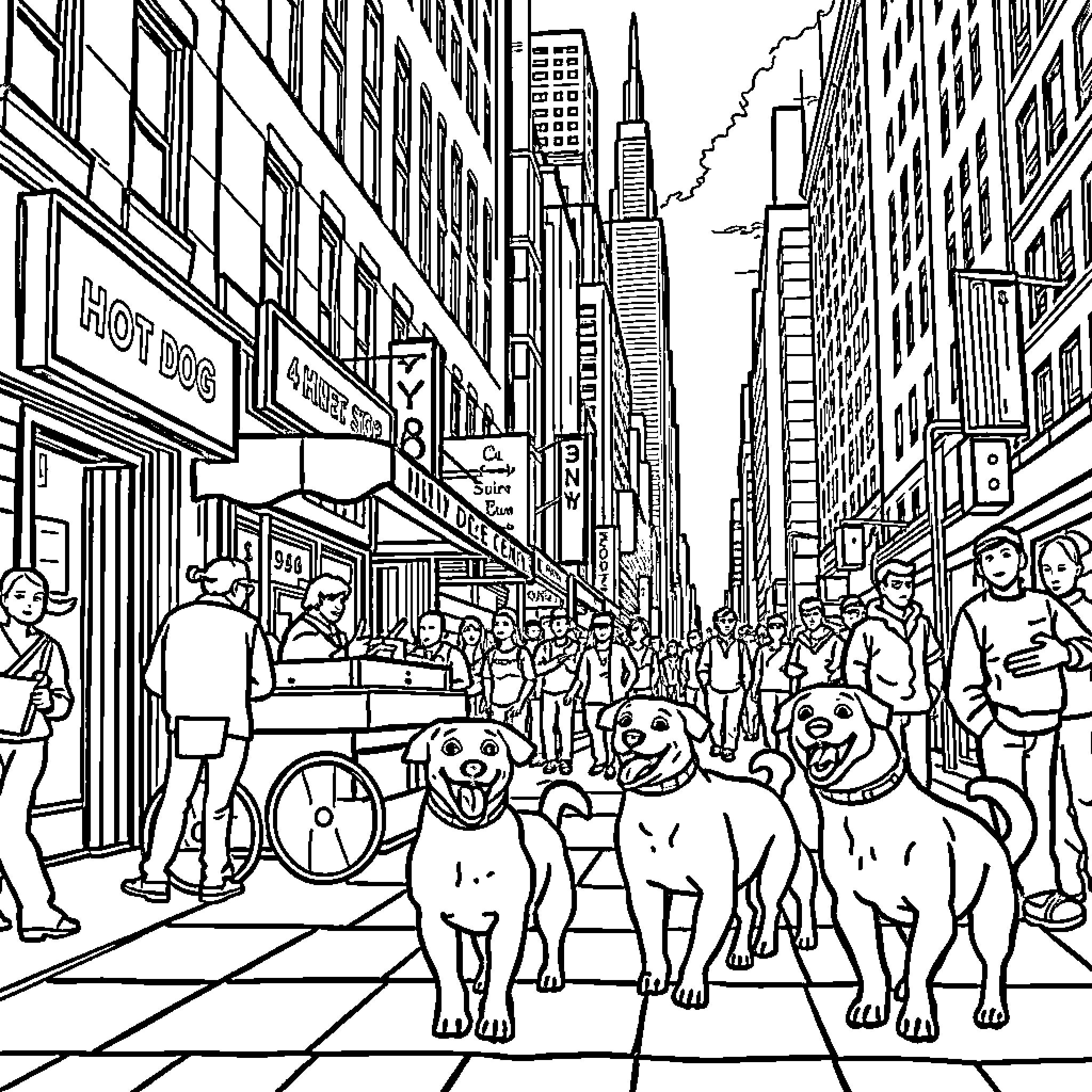 Dog pack exploring bustling city street Coloring Page (free black-and-white line drawing printable PDF for all, from beginners to advanced learners, including children, teens, adults, and seniors)