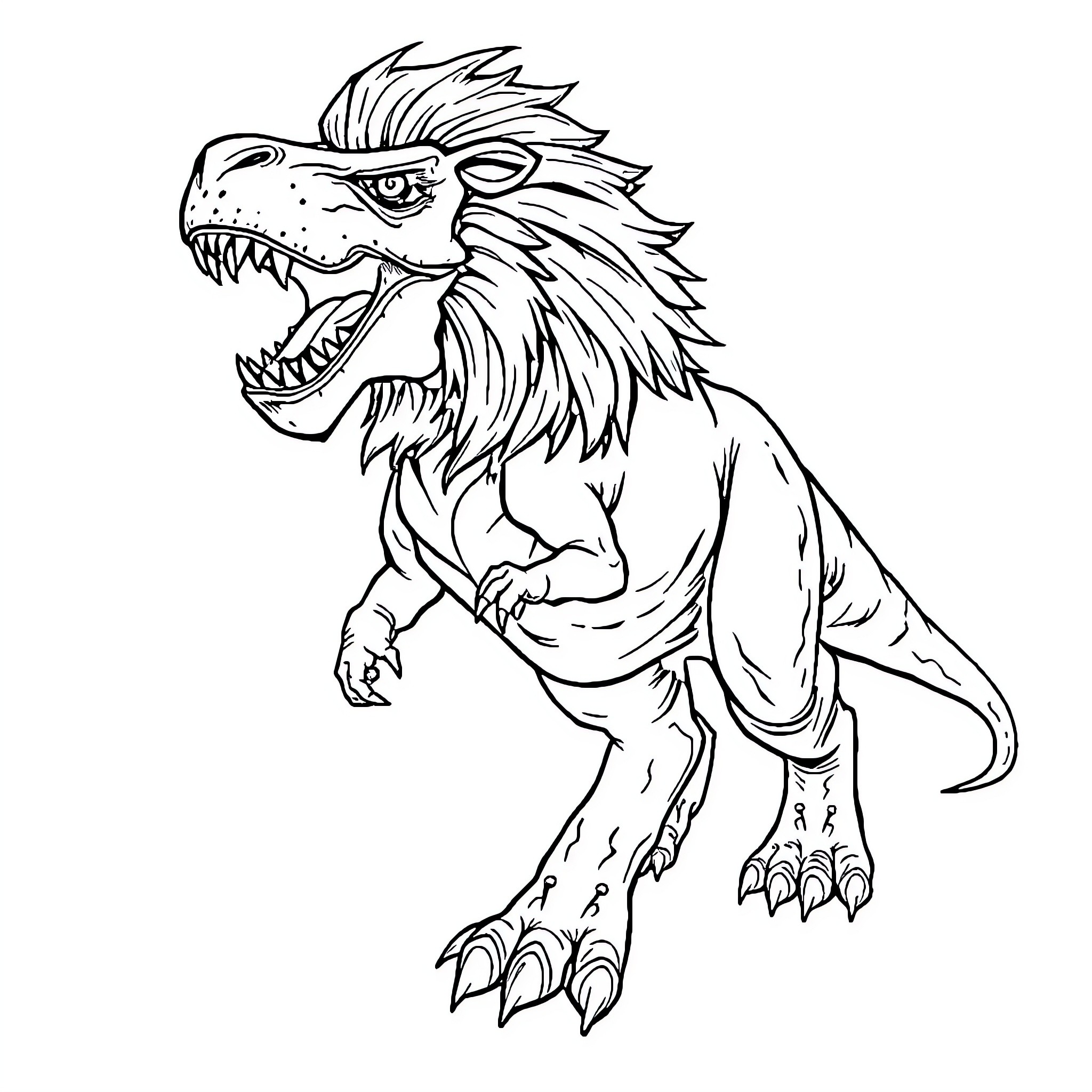 Lion T-Rex creature in ferocious pose Coloring Page (free black-and-white line drawing printable PDF for all, from beginners to advanced learners, including children, teens, adults, and seniors)