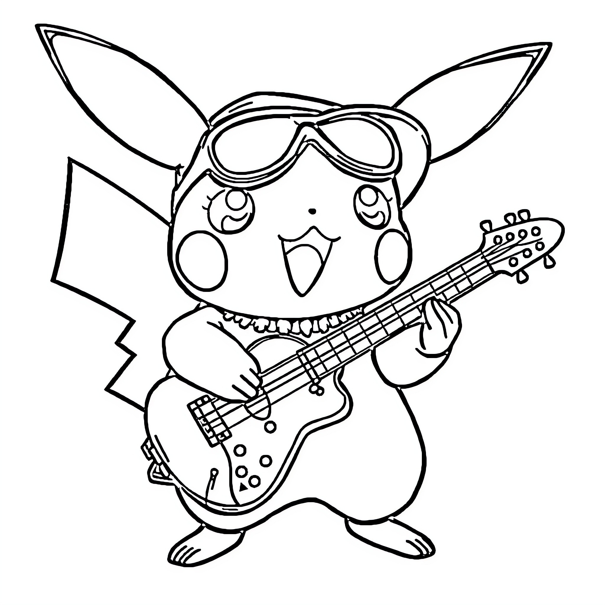 Pikachu playing electric guitar with goggles Coloring Page (free black-and-white line drawing printable PDF for all, from beginners to advanced learners, including children, teens, adults, and seniors)