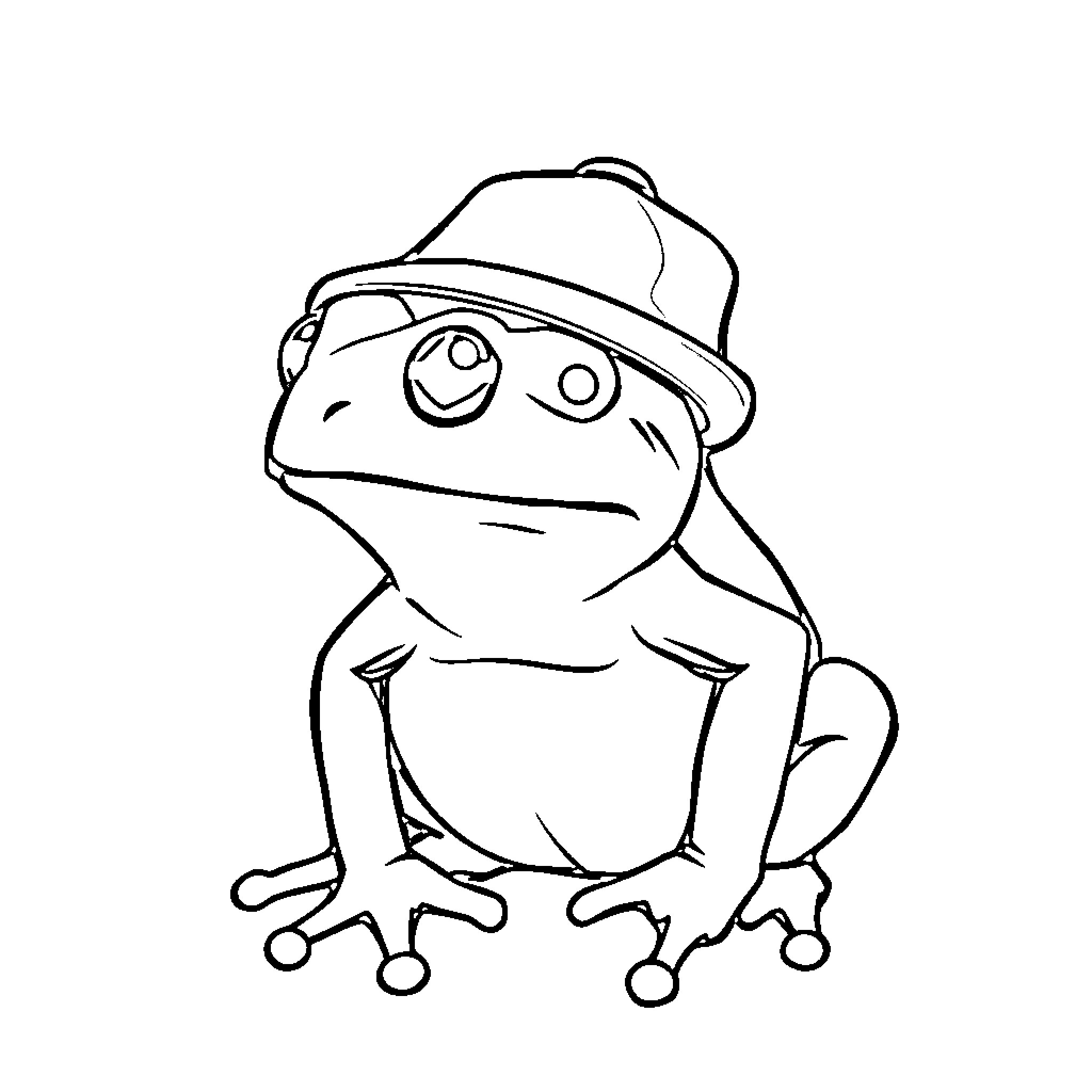 Frog wearing a hat and looking curious Coloring Page (free black-and-white line drawing printable PDF for all, from beginners to advanced learners, including children, teens, adults, and seniors)