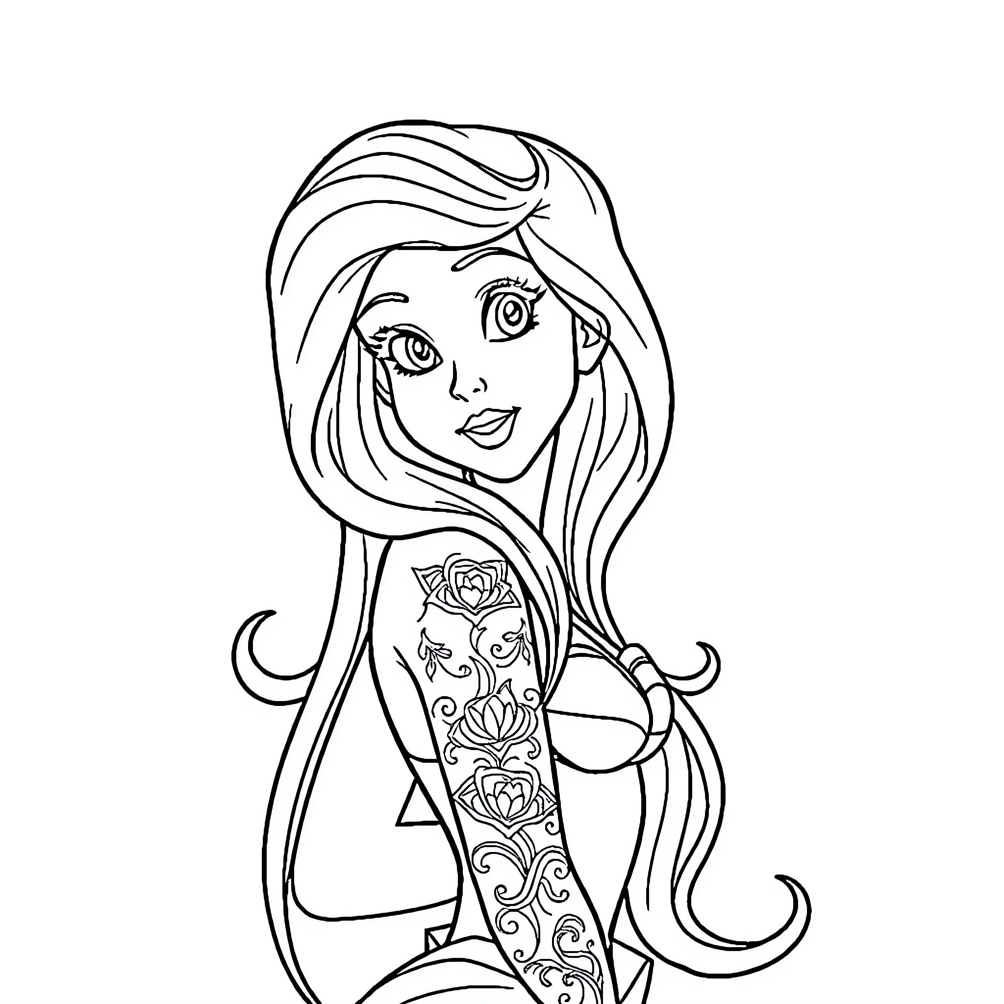 Princess with Intricate Floral Dress and Flowing Hair Coloring Page (free black-and-white line drawing printable PDF for all, from beginners to advanced learners, including children, teens, adults, and seniors)