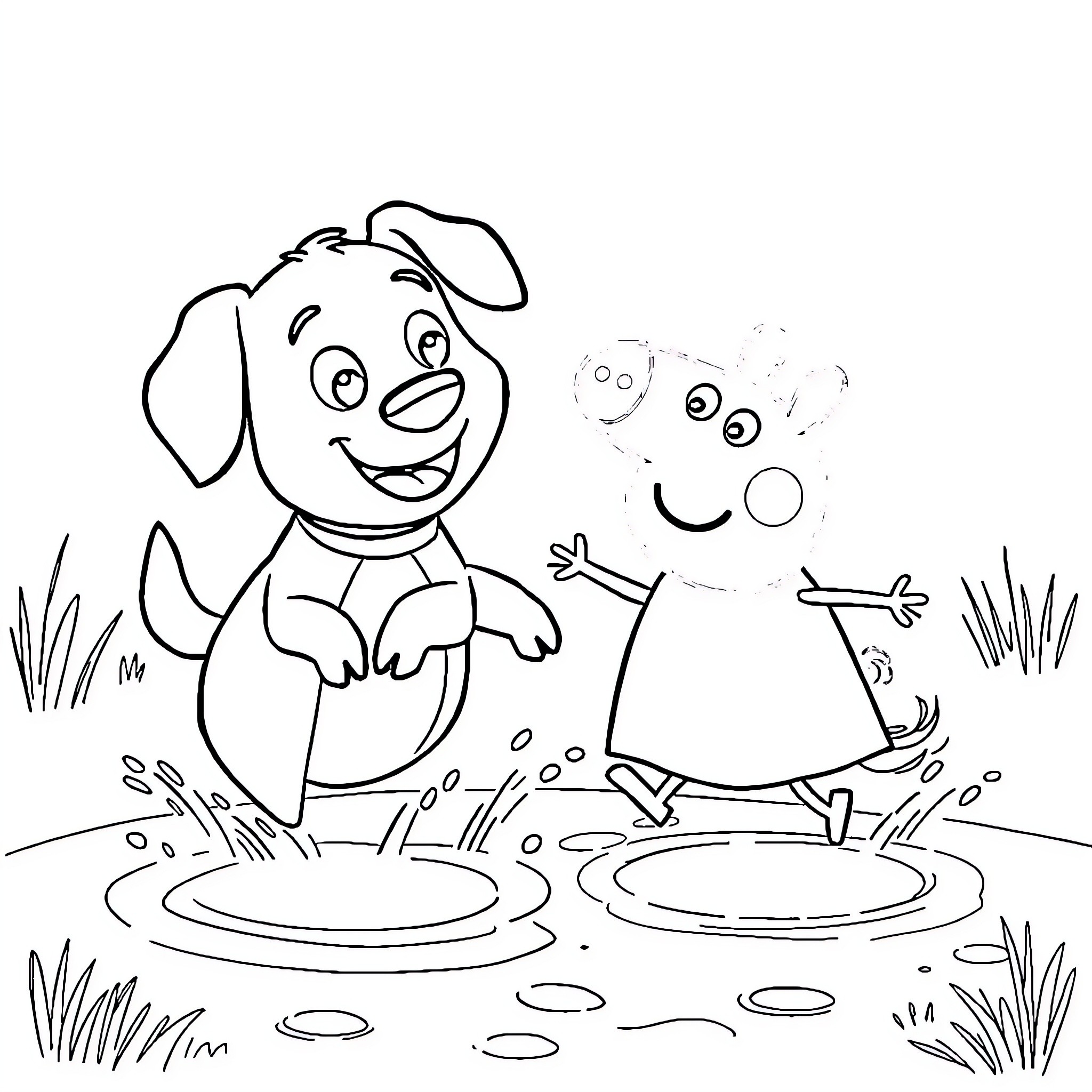 Bluey and friends splashing in puddles Coloring Page (free black-and-white line drawing printable PDF for all, from beginners to advanced learners, including children, teens, adults, and seniors)