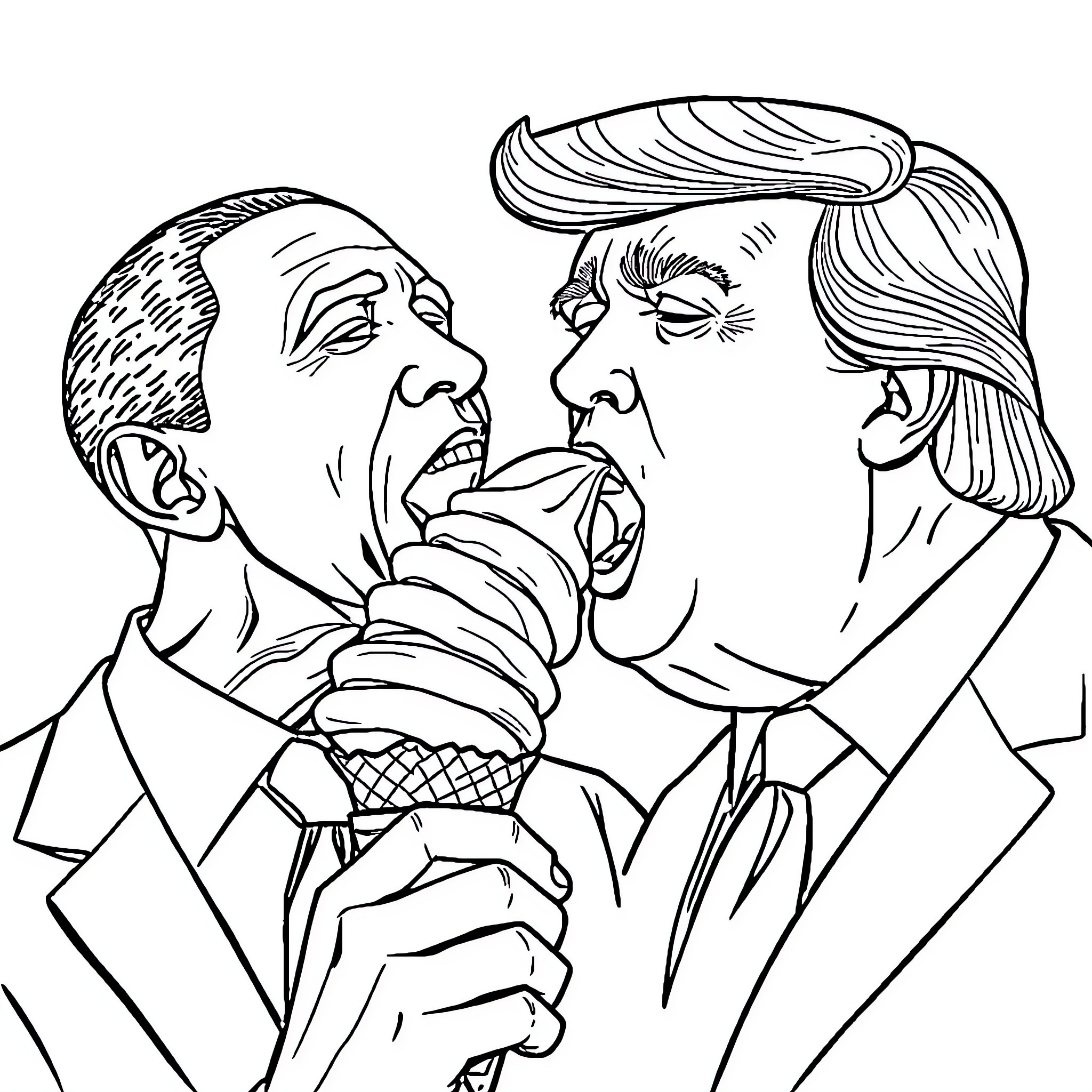 Obama and Trump in heated argument Coloring Page (free black-and-white line drawing printable PDF for all, from beginners to advanced learners, including children, teens, adults, and seniors)